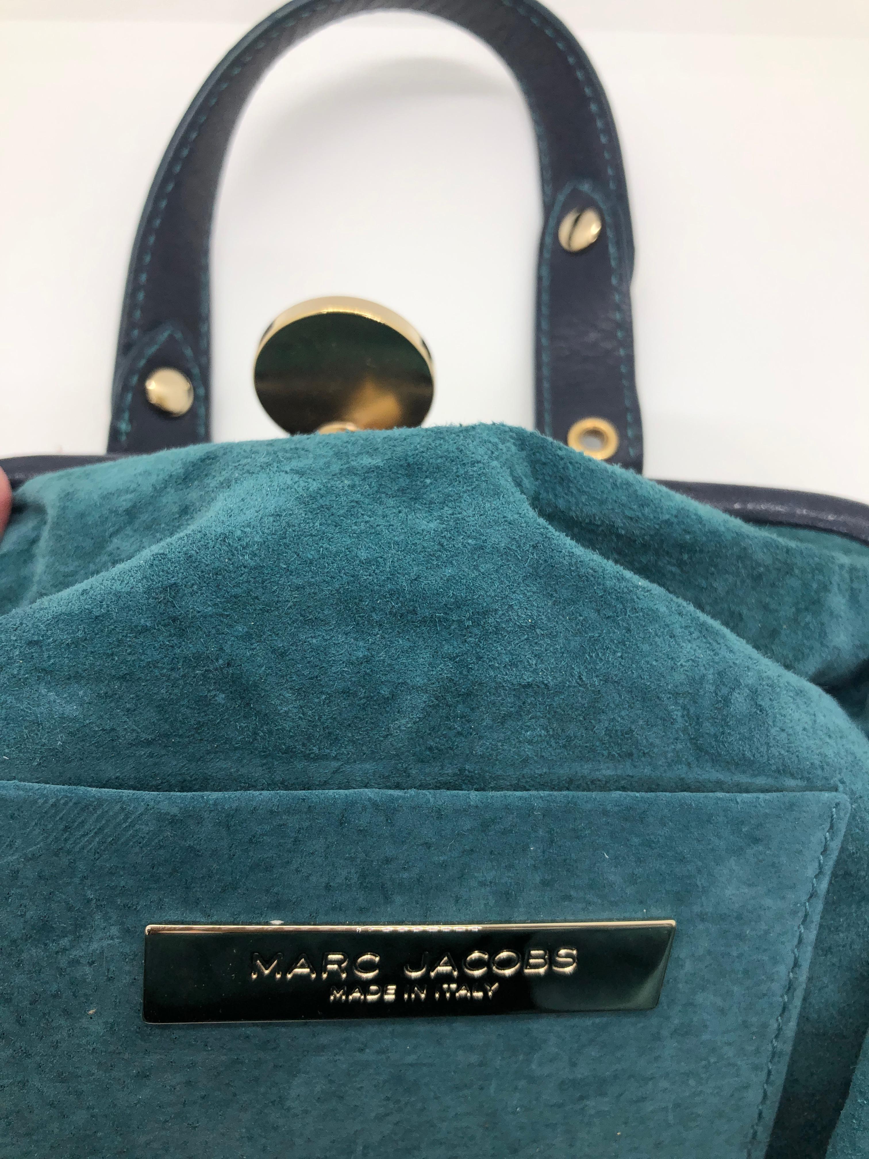 Marc Jacobs Navy & Teal Blue Suede / Leather w/ Gold Tone Metal Accents Handbag For Sale 3