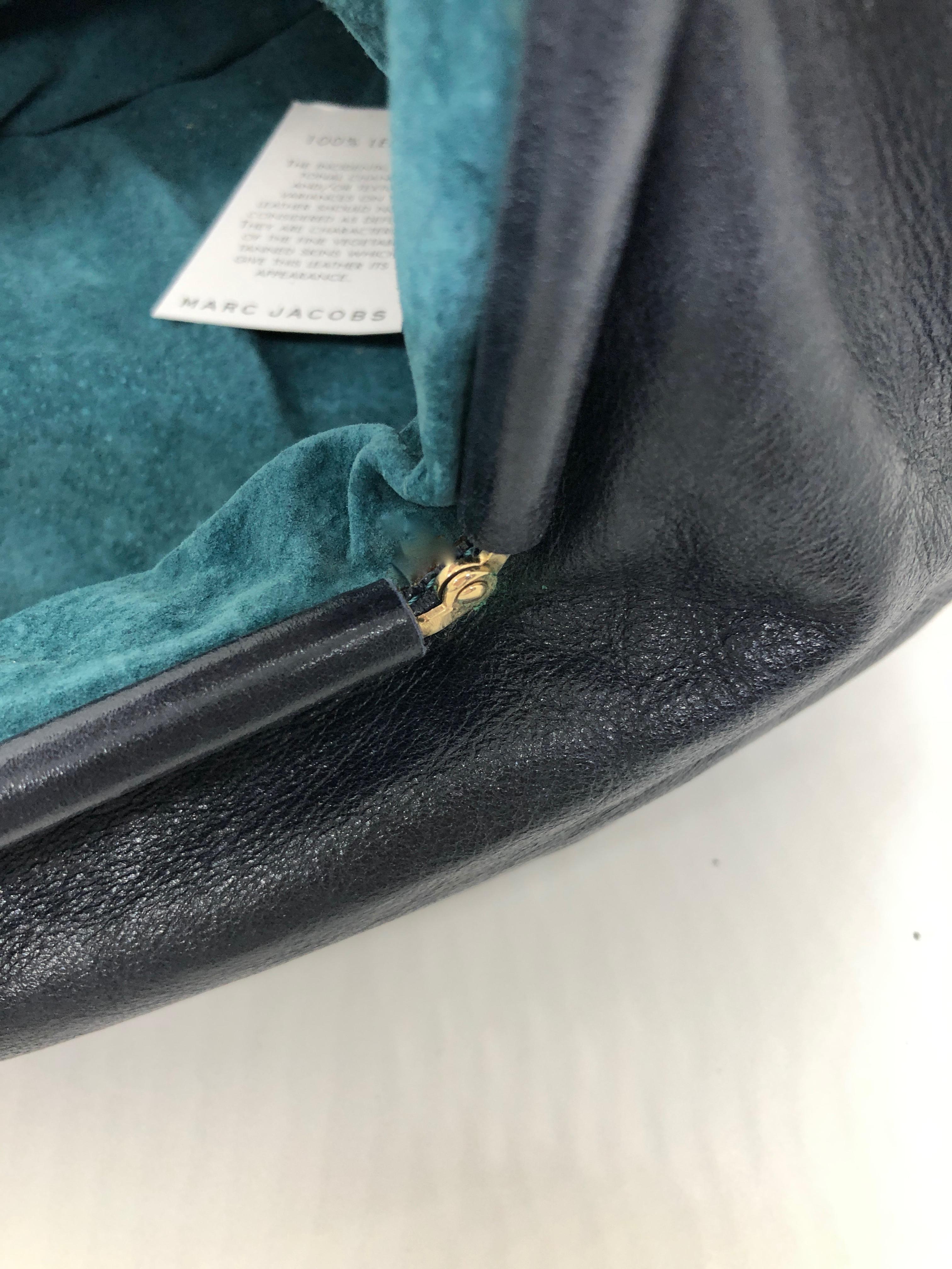 Marc Jacobs Navy & Teal Blue Suede / Leather w/ Gold Tone Metal Accents Handbag For Sale 4