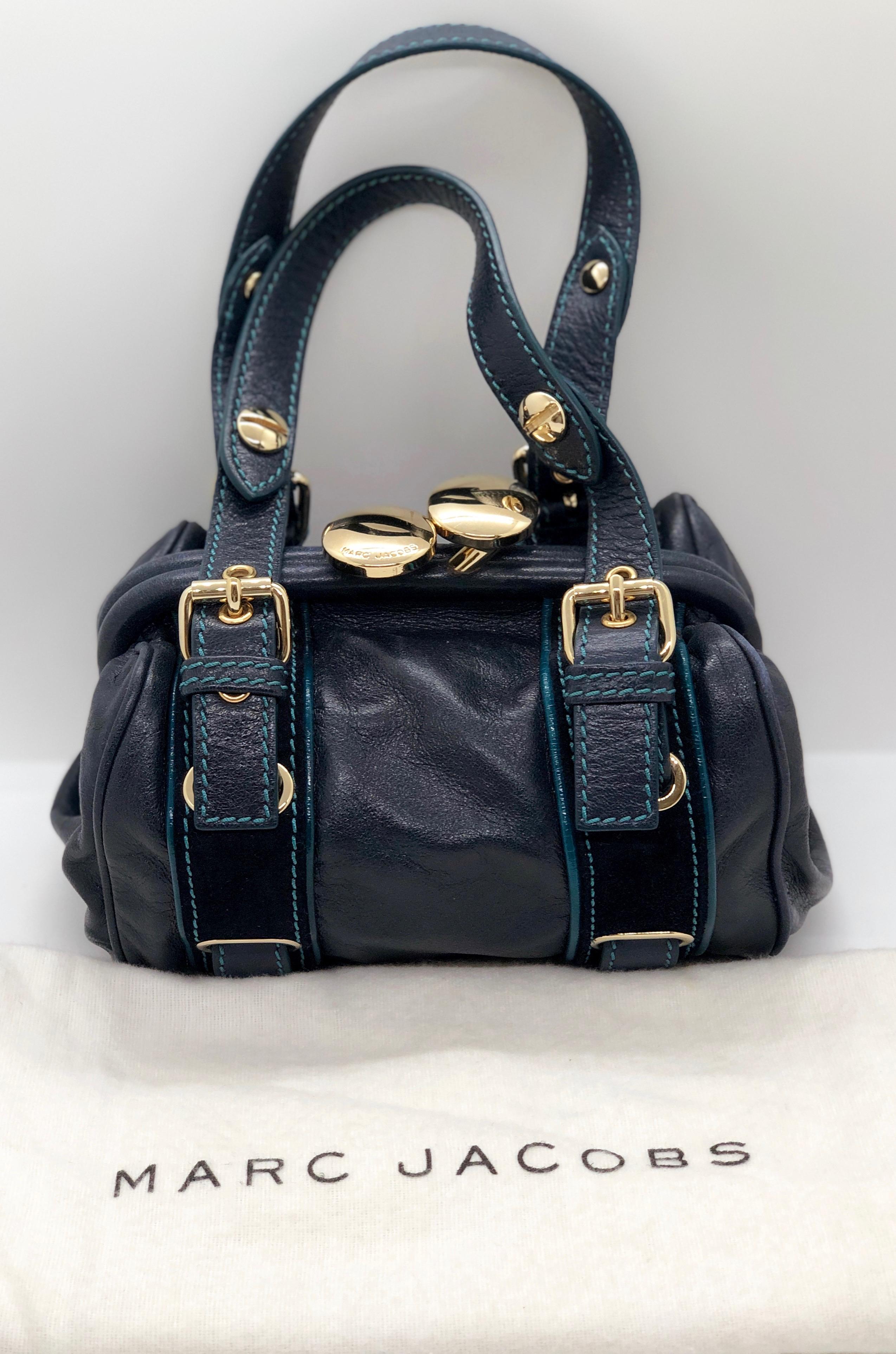 Marc Jacobs Navy & Teal Blue Suede / Leather w/ Gold Tone Metal Accents Handbag For Sale 6