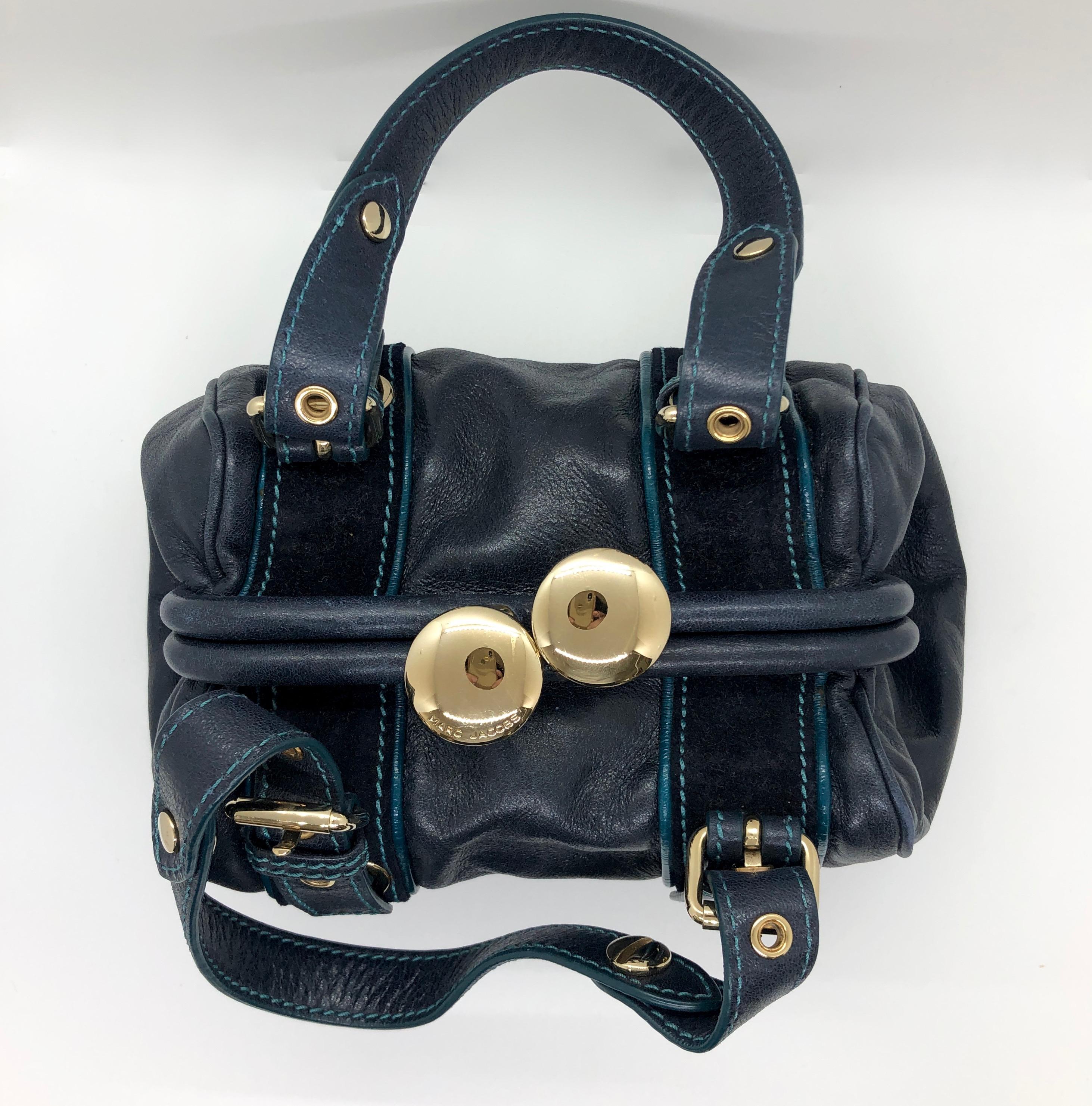 Black Marc Jacobs Navy & Teal Blue Suede / Leather w/ Gold Tone Metal Accents Handbag For Sale