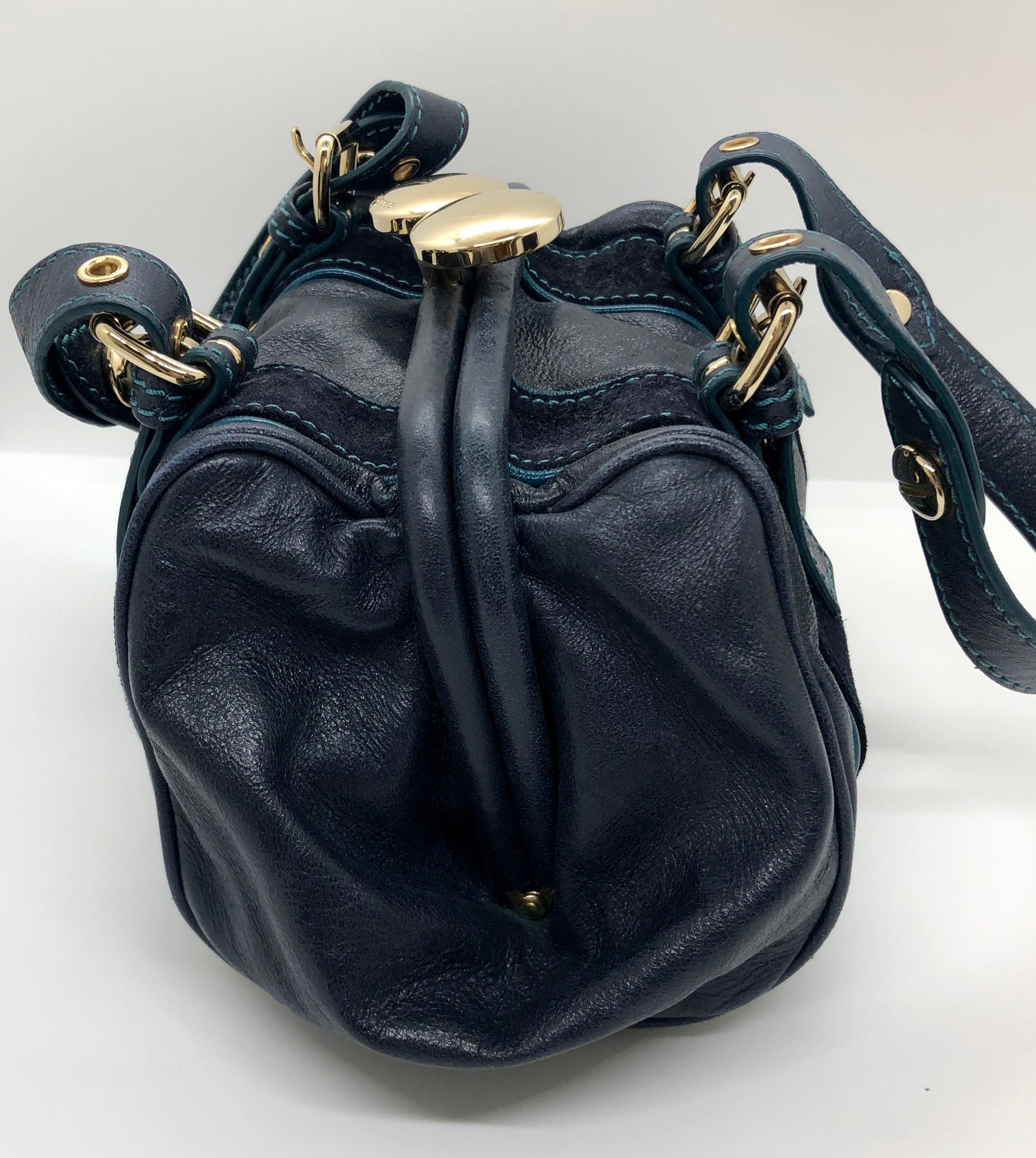 Marc Jacobs Navy & Teal Blue Suede / Leather w/ Gold Tone Metal Accents Handbag In Excellent Condition For Sale In Houston, TX
