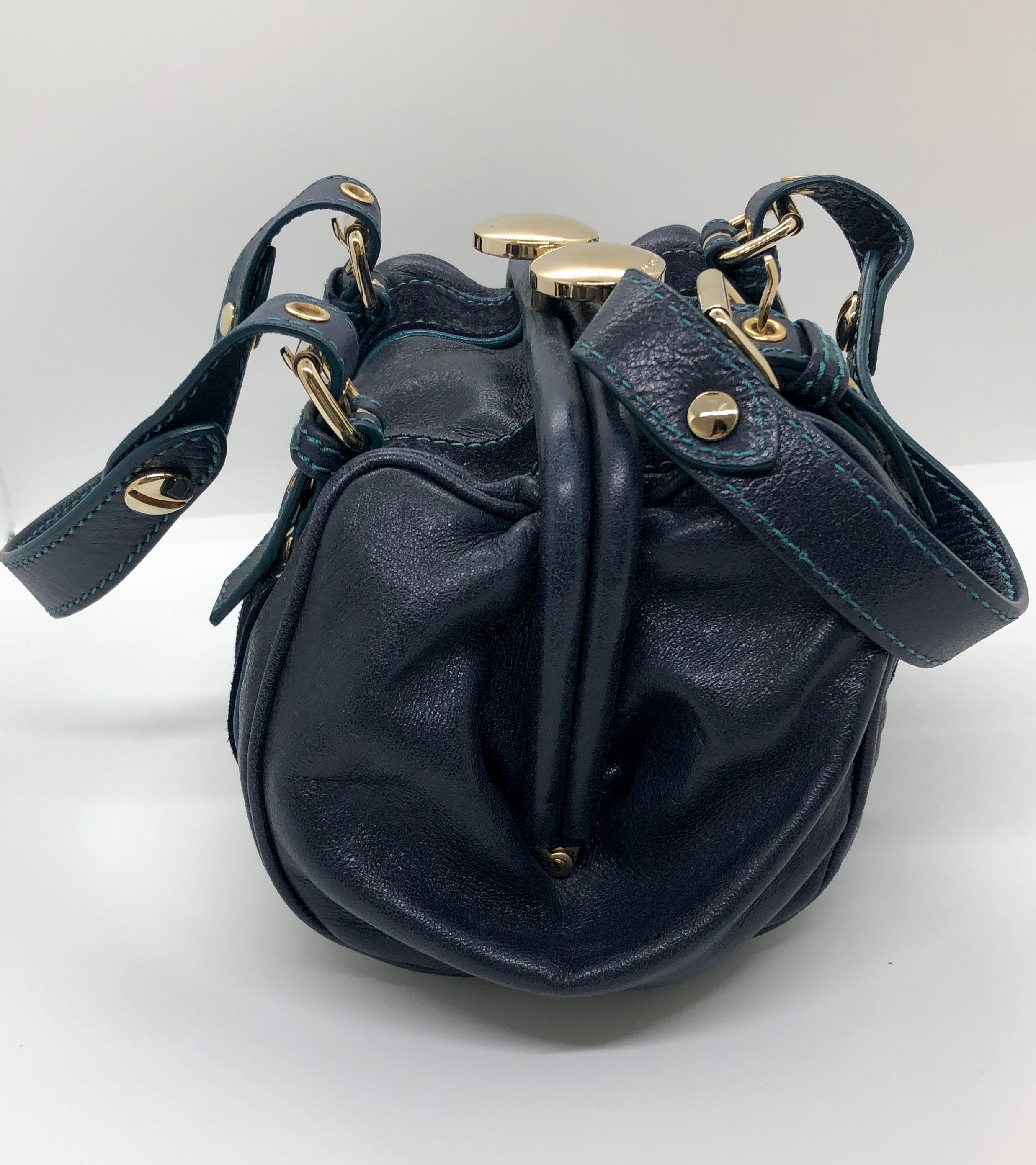 Women's Marc Jacobs Navy & Teal Blue Suede / Leather w/ Gold Tone Metal Accents Handbag For Sale