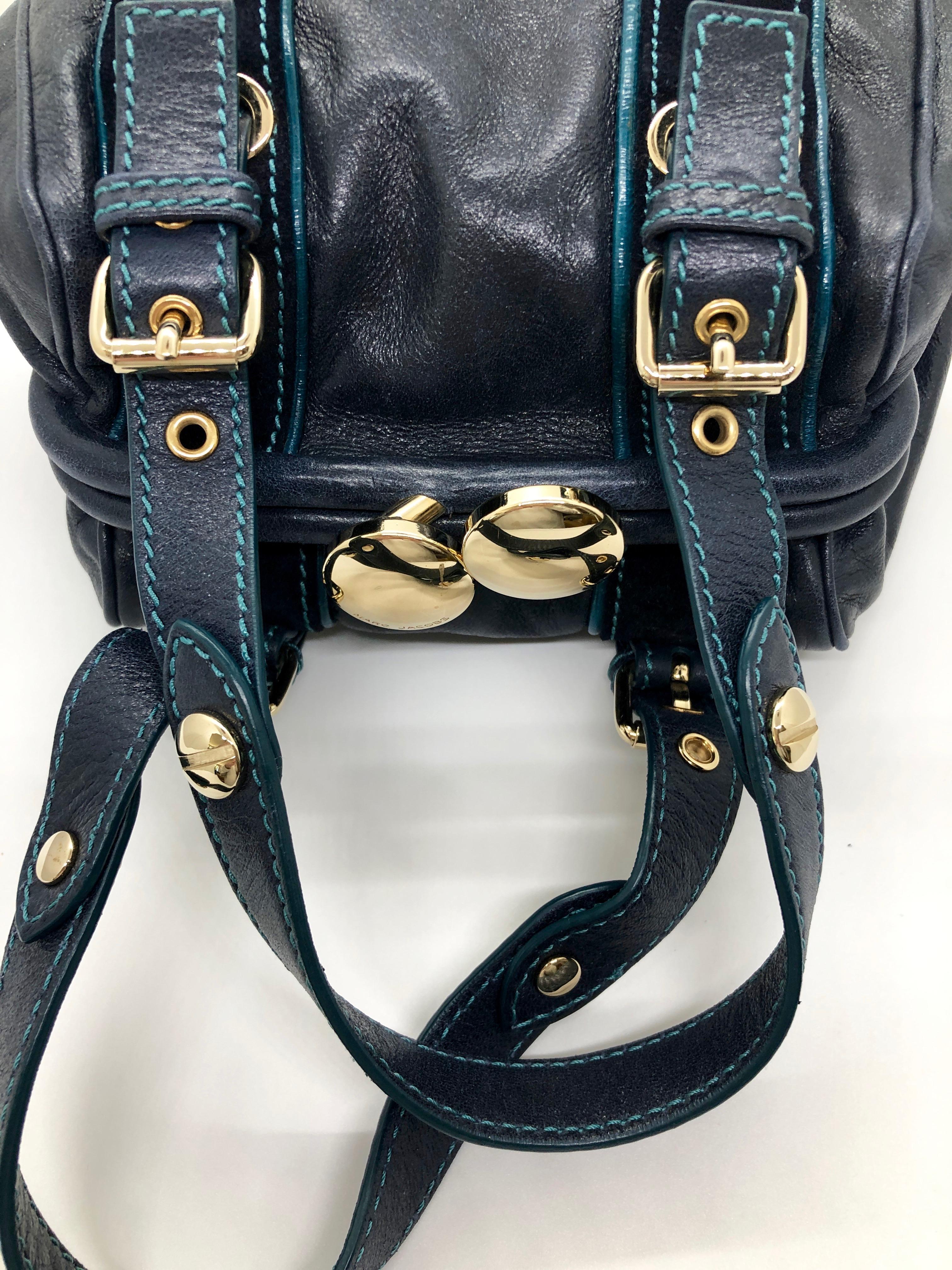 Marc Jacobs Navy & Teal Blue Suede / Leather w/ Gold Tone Metal Accents Handbag For Sale 1