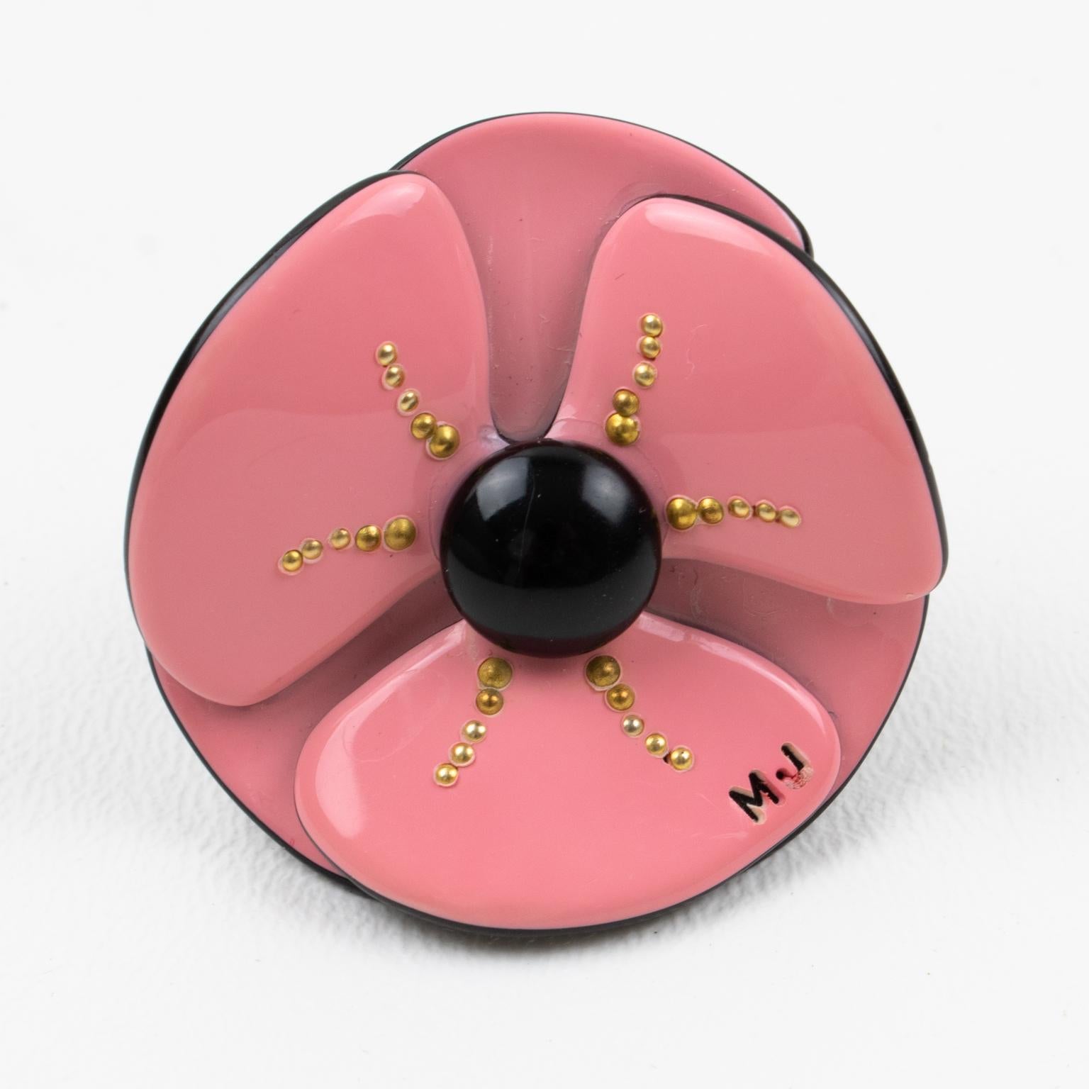 Women's or Men's Marc Jacobs Pink and Black Poppy Flower Resin Fashion Ring size 5.5 For Sale
