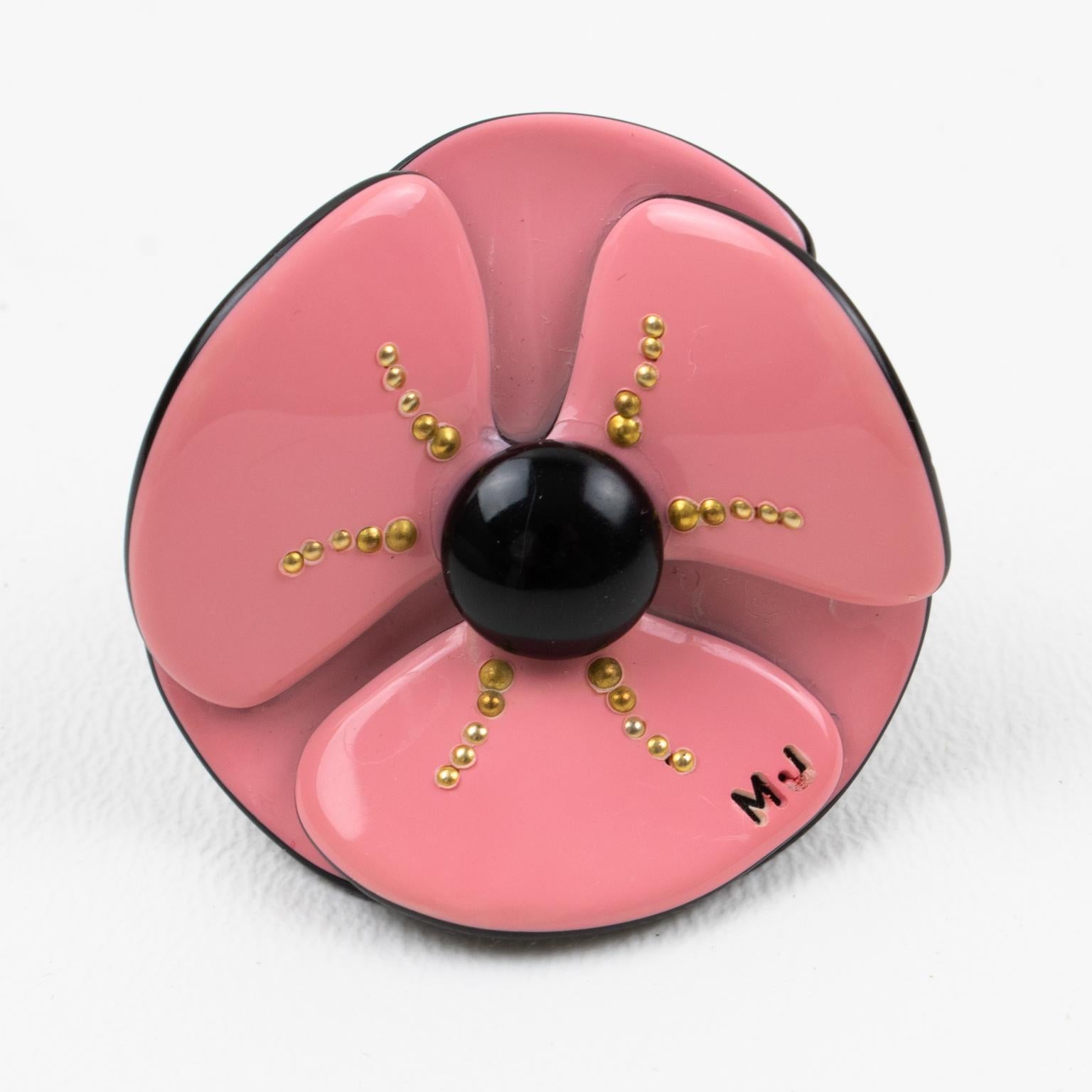 Marc Jacobs Pink and Black Poppy Flower Resin Fashion Ring size 5.5 For Sale 1