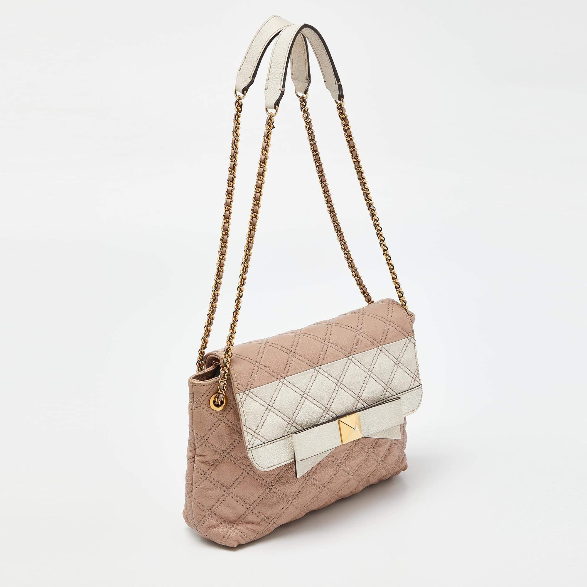 Beige Marc Jacobs Pink/White Quilted Leather Bow Shoulder Bag