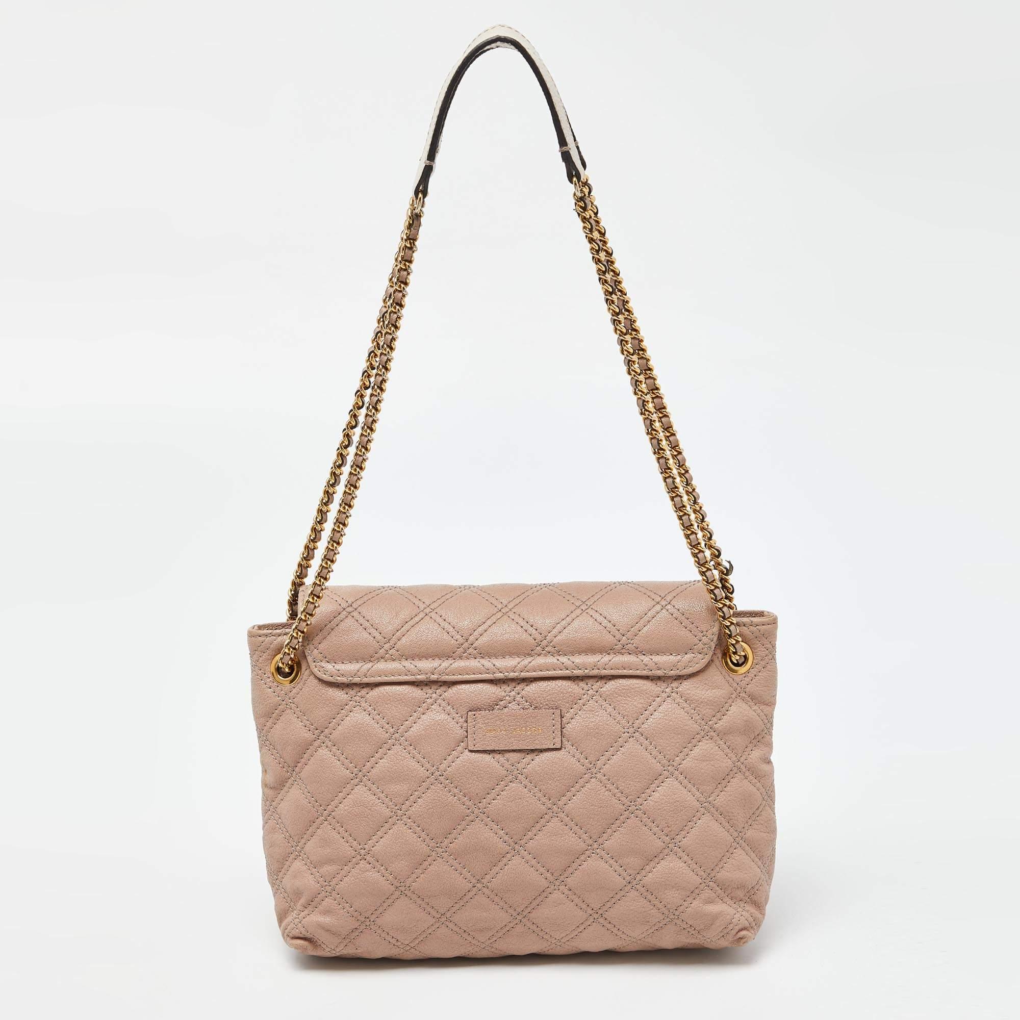Marc Jacobs Pink/White Quilted Leather Bow Shoulder Bag In Good Condition In Dubai, Al Qouz 2