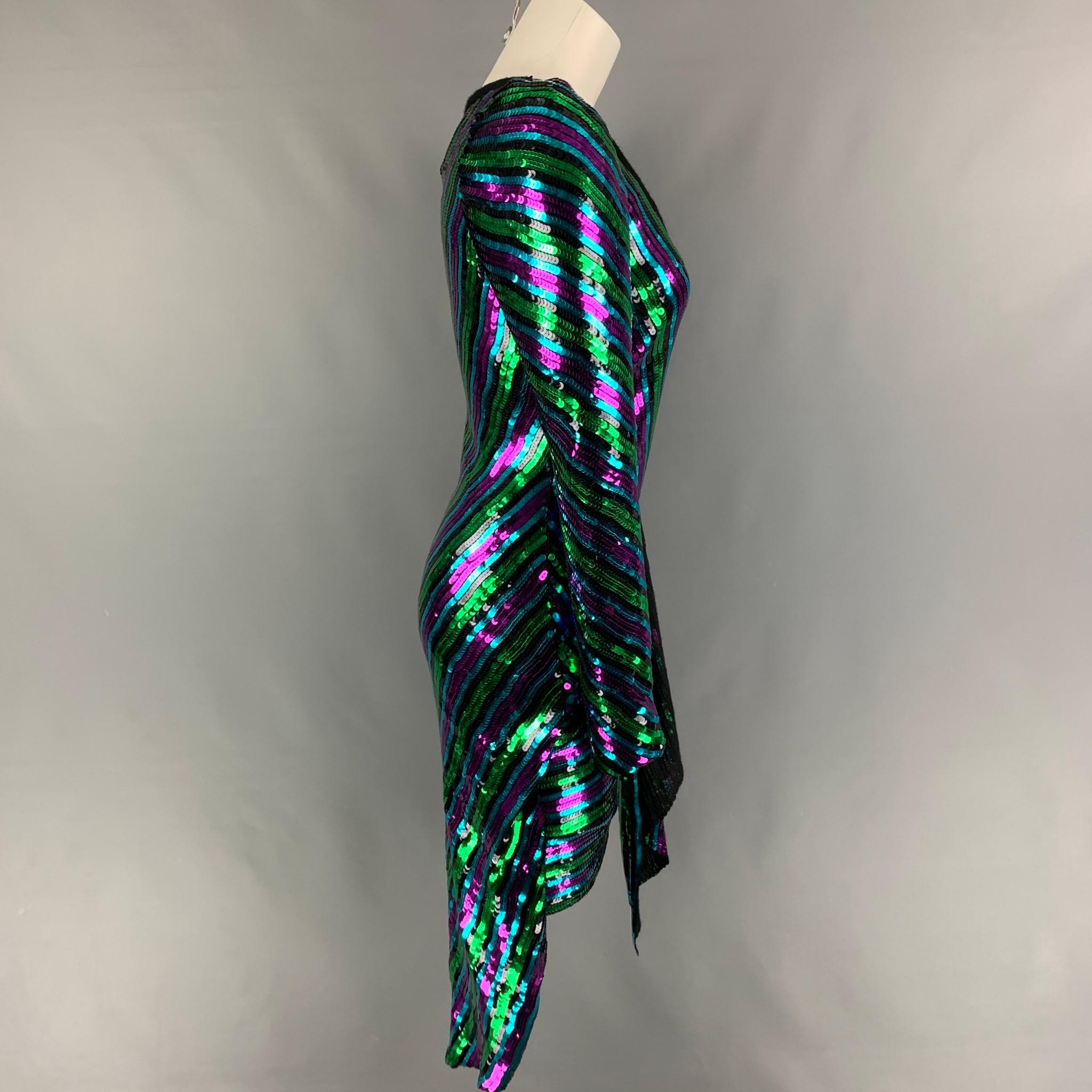 MARC JACOB Pre-Fall 2019 'Disco' dress comes in a multi-color stripe sequin material featuring an asymmetrical style, slip on, long sleeves, and a deep neckline. 

Very Good Pre-Owned Condition.
Marked: 2
Original Retail Price: