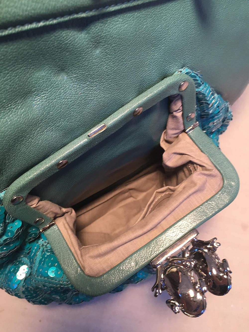 Marc Jacobs Seafoam Green Leather and Sequin Small Duffy Frog Tote In Excellent Condition For Sale In Philadelphia, PA