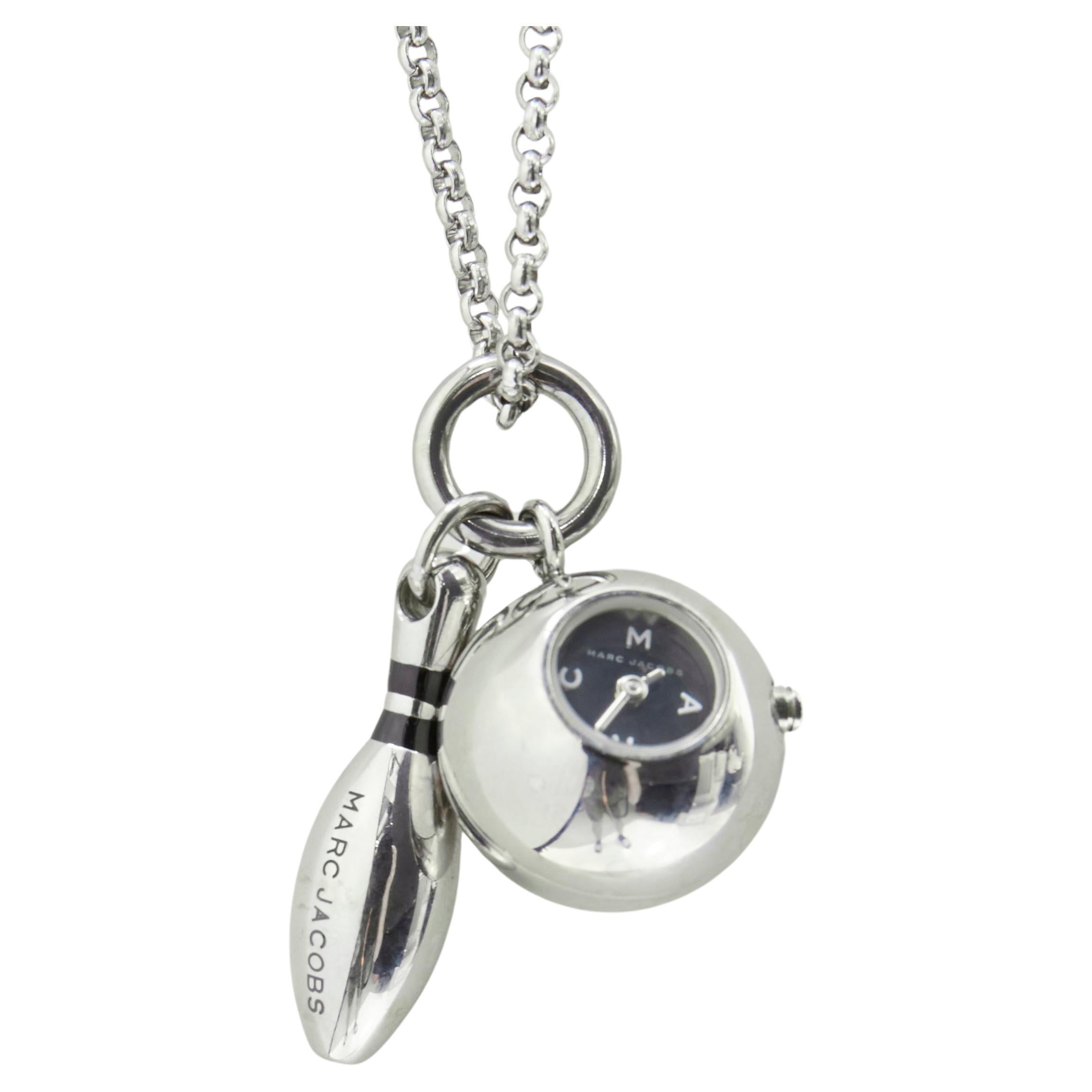 MARC JACOBS silver-tone bowling pin ball watch chain long necklace For Sale