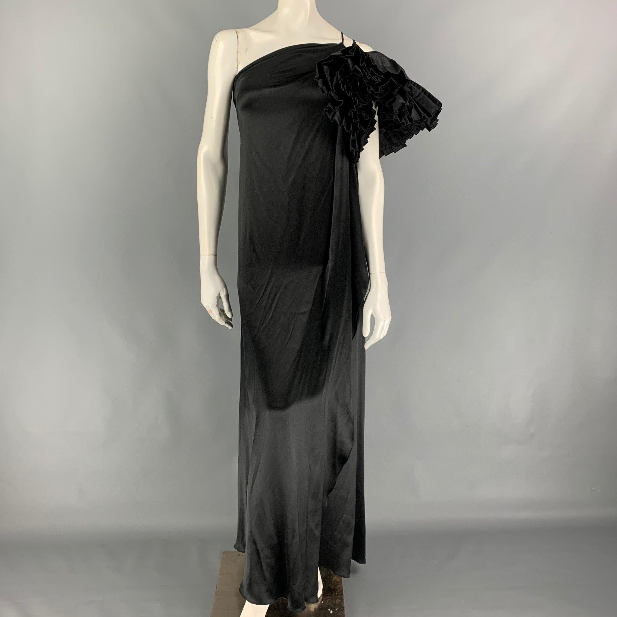 MARC JACOBS gown comes in a black silk featuring an asymmetrical style, double strap details, and a ruffle sleeve design. Made in USA. Very Good
Pre-Owned Condition. 

Marked:  0 

Measurements: 
 Bust: 28 inches Hip: 34 inches Length: 55 inches 
 
