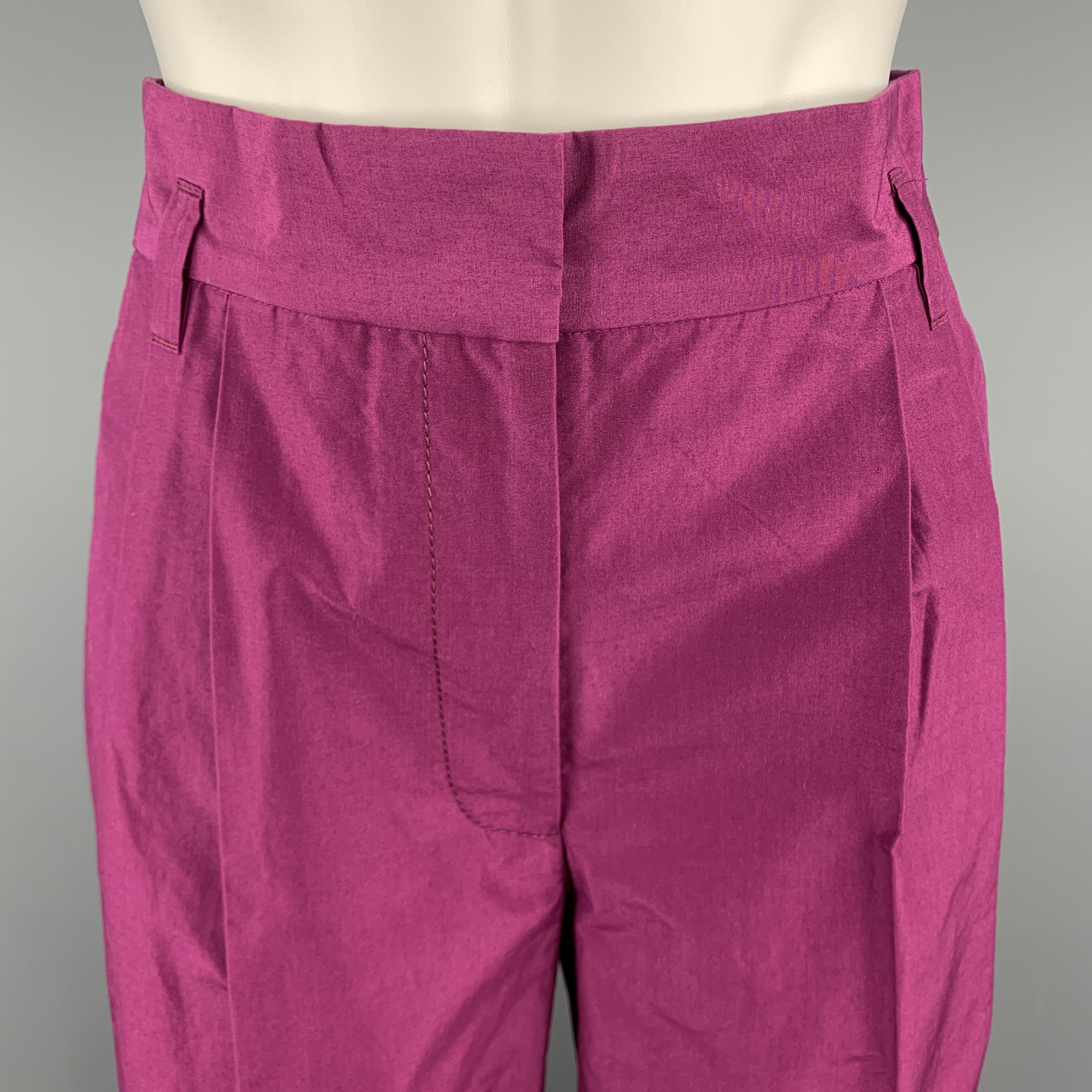MARC JACOBS Dress pants comes in a purple solid cotton material, with a high waist, a pleated front, belt loops, wide legs, zip fly, and seam and slit pockets. Made in USA. 

New With Tags.
Marked: 0

Measurements:

Waist: 26 in. 
Rise: 11 in.