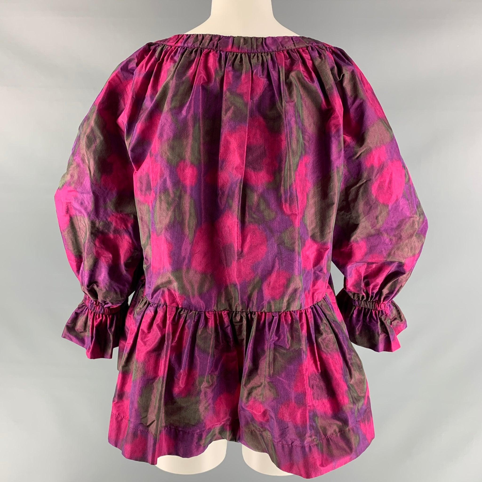 MARC JACOBS Size 12 Purple Pink Silk Print Flared Blouse In Excellent Condition For Sale In San Francisco, CA
