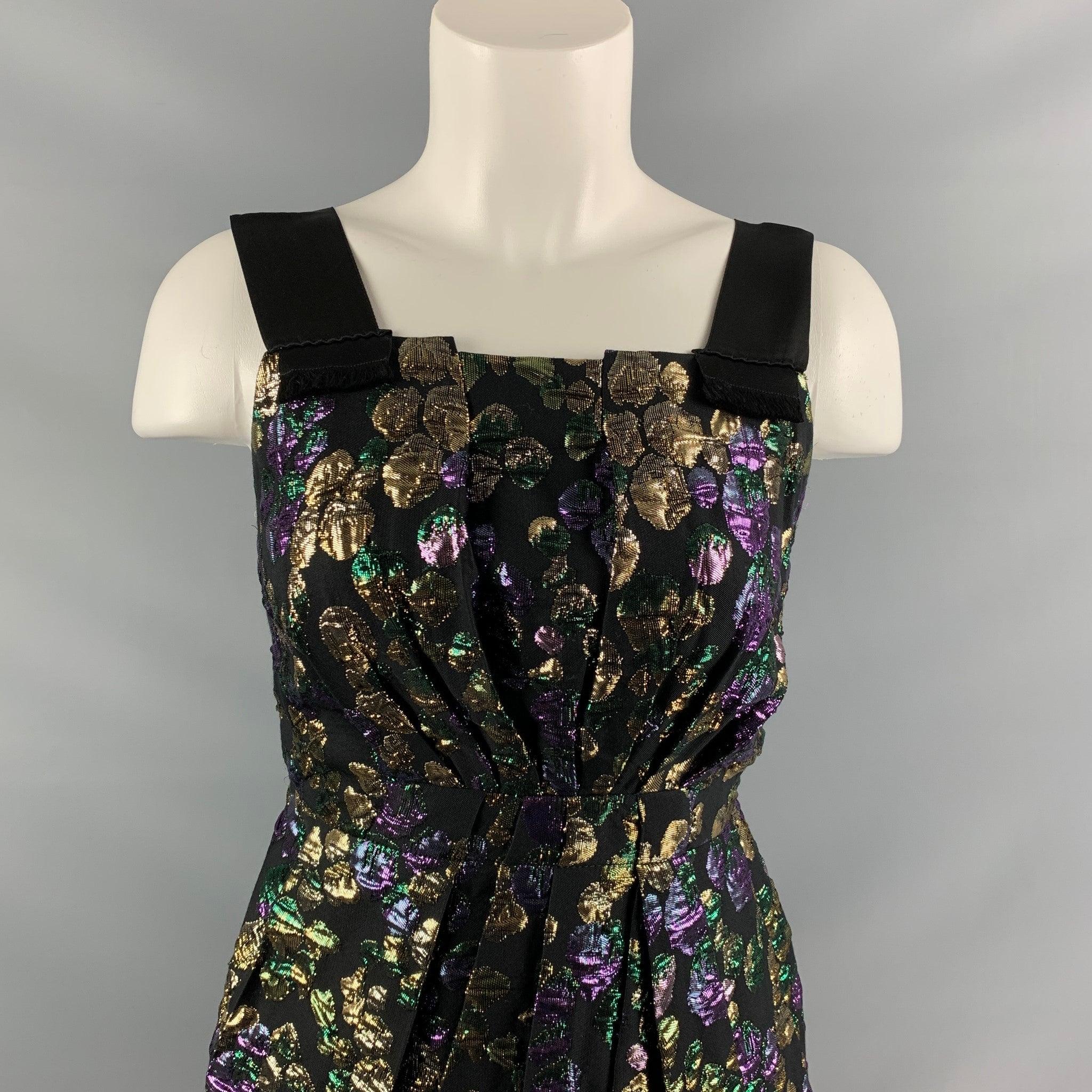 MARC JACOBS cocktail dress comes in black, gold and purple cotton blend jacquard featuring rushed/pleated detail at front and back and half zip closure at center back. Made in USA.Excellent Pre-Owned Condition. 

Marked:   2 

Measurements: 

