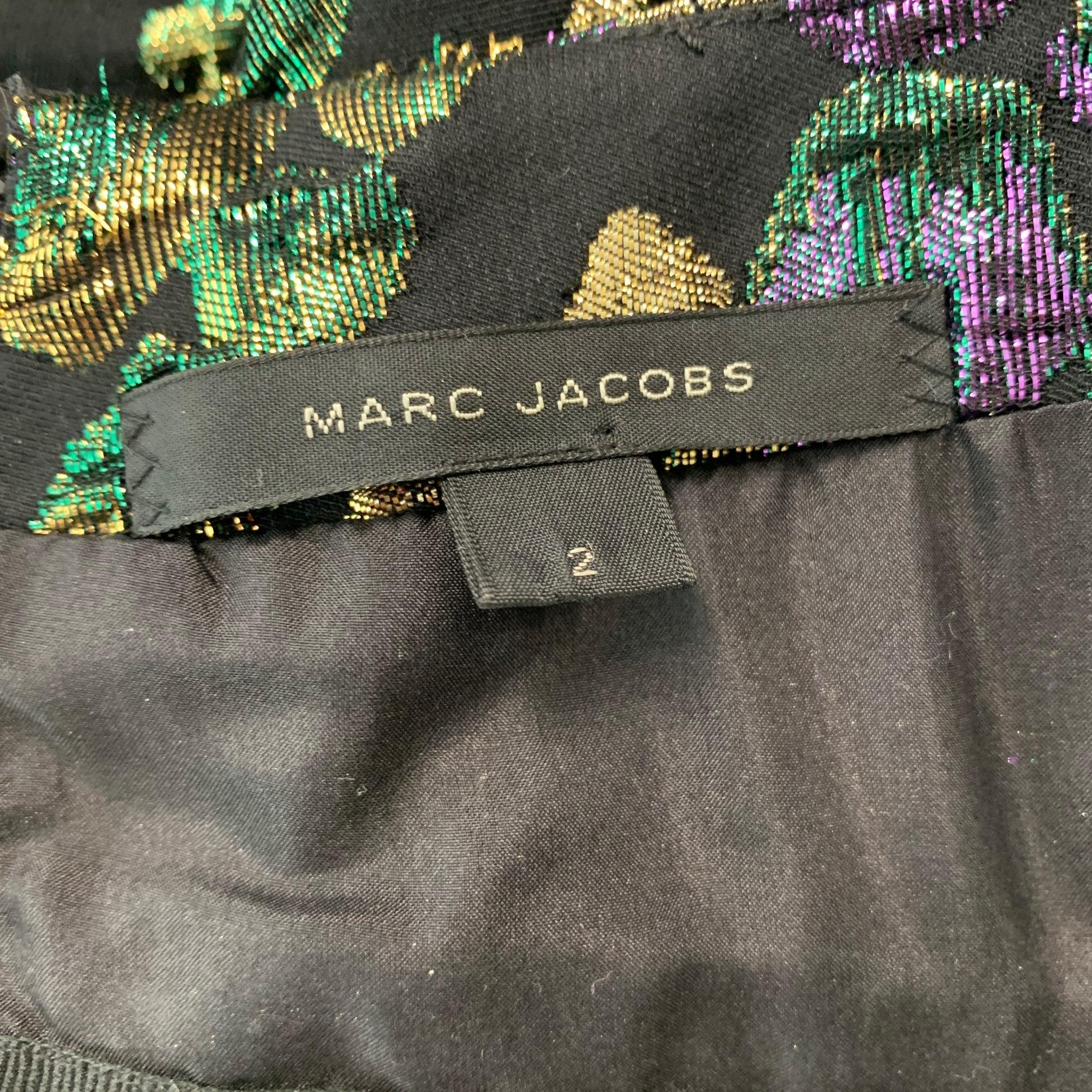 MARC JACOBS Size 2 Black, Gold & Purple Jacquard Cotton Blend Cocktail Dress For Sale 1
