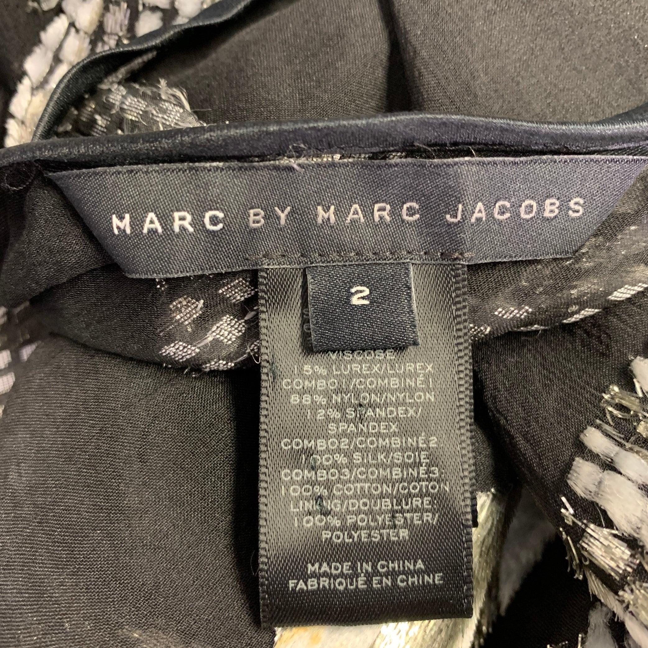 MARC JACOBS Talla 2 Vestido sin mangas en jacquard de mezcla de seda negro plateado en venta 3
