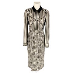 MARC JACOBS Size 2 Black White Silk Graphic Long Sleeve Mid-Calf Dress