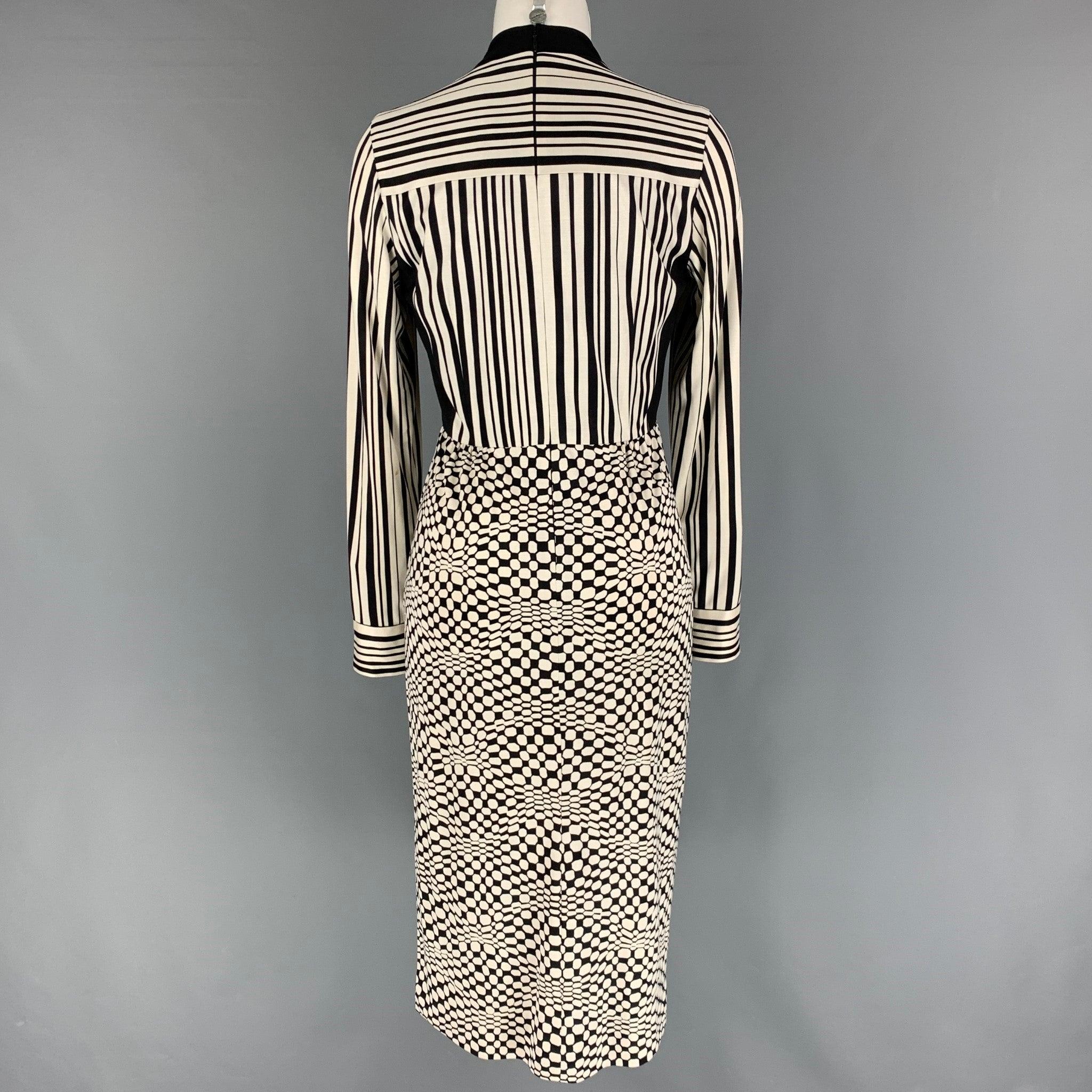 MARC JACOBS Talla 2 Negro Blanco Seda Gráfico Vestido Midi Manga Larga Beige en venta