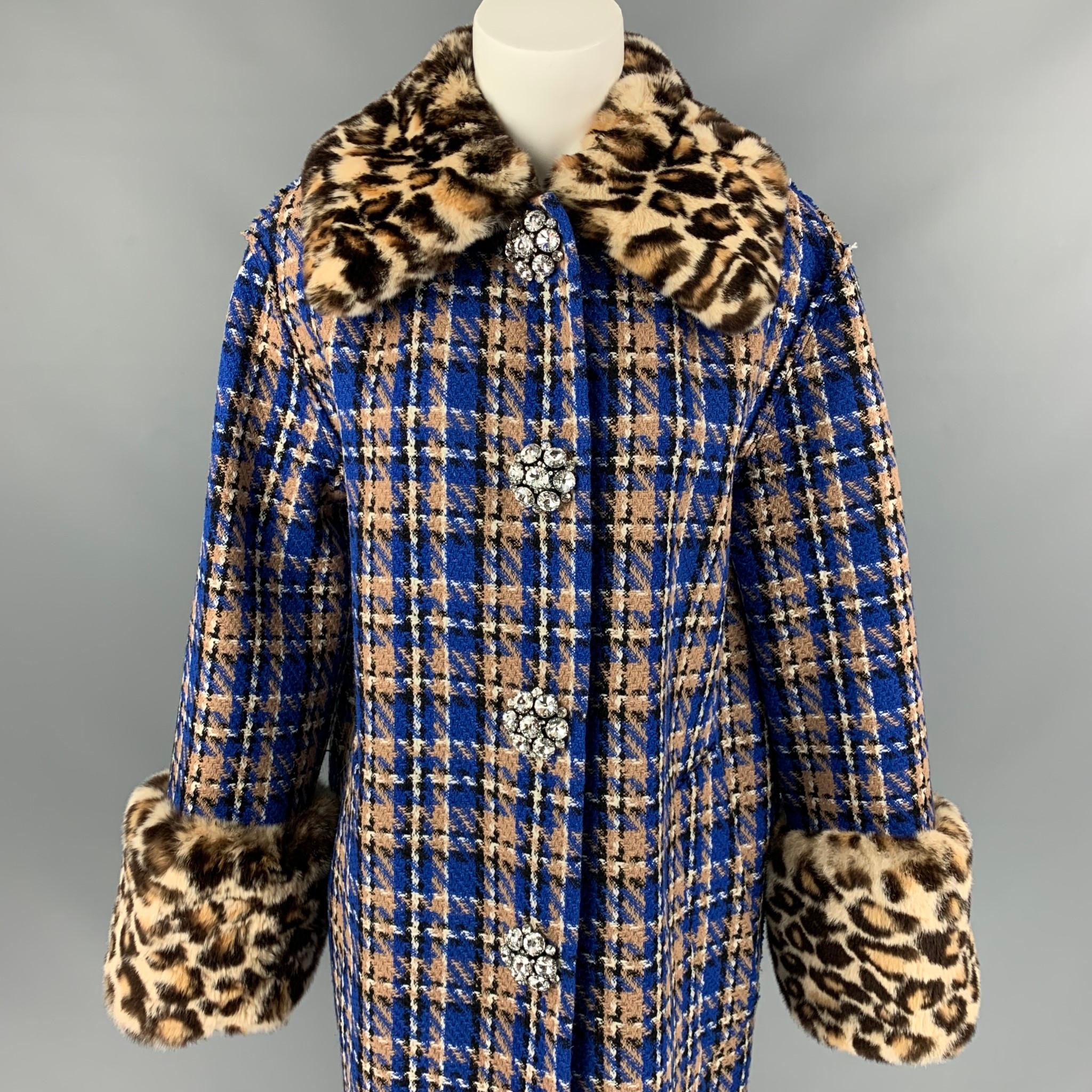 MARC JACOBS coat comes in a blue & tan wool / polyamide with a full silk poodle print liner featuring a rabbit fur trim, large collar & cuffs, slit pockets, and a crystal button closure. Made in USA. 

Very Good Pre-Owned Condition.
Marked:
