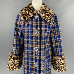 MARC JACOBS Size 2 Blue & Tan Wool / Polyamide Plaid Rabbit Fur Coat