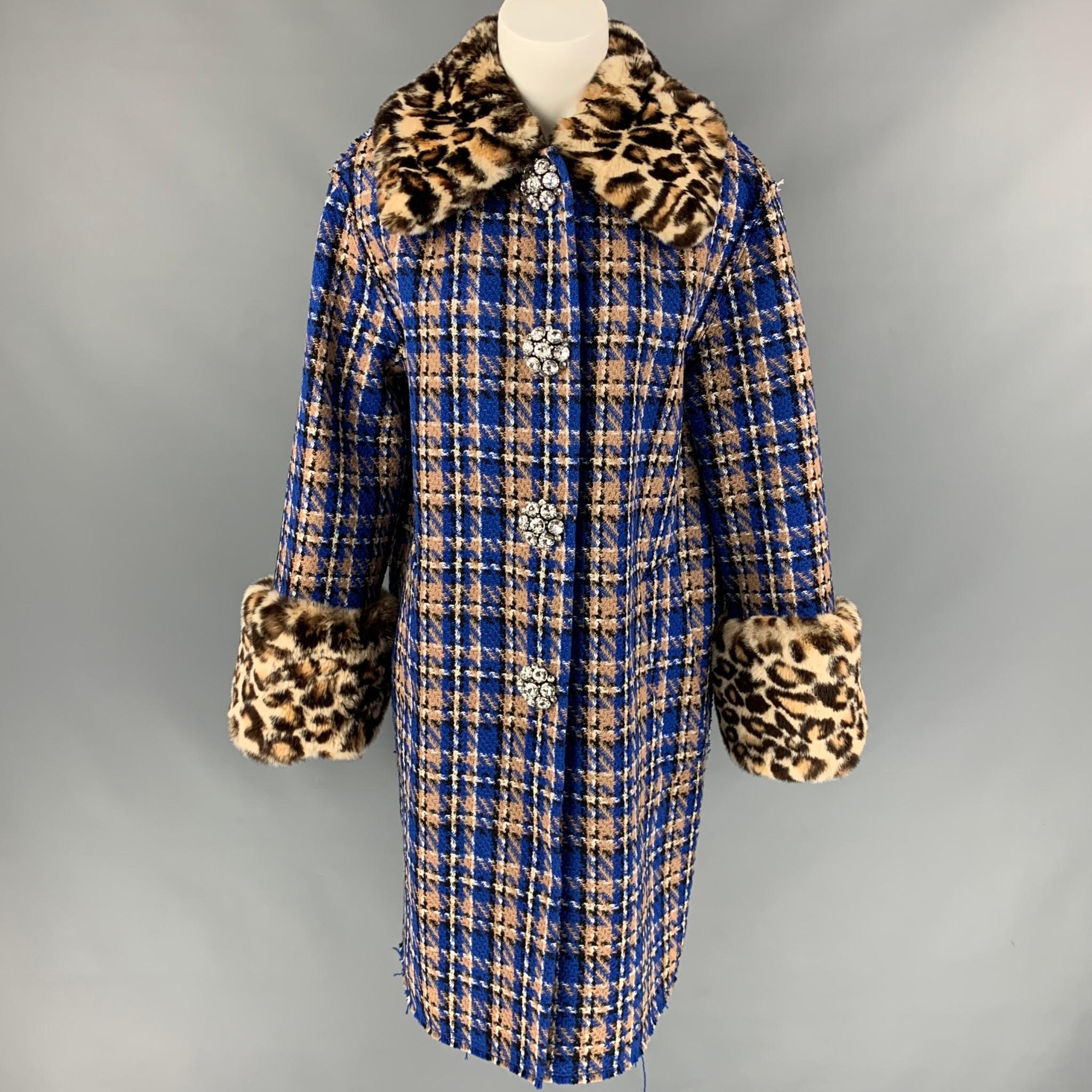 MARC JACOBS Size 2 Blue & Tan Wool / Polyamide Plaid Rabbit Fur Coat