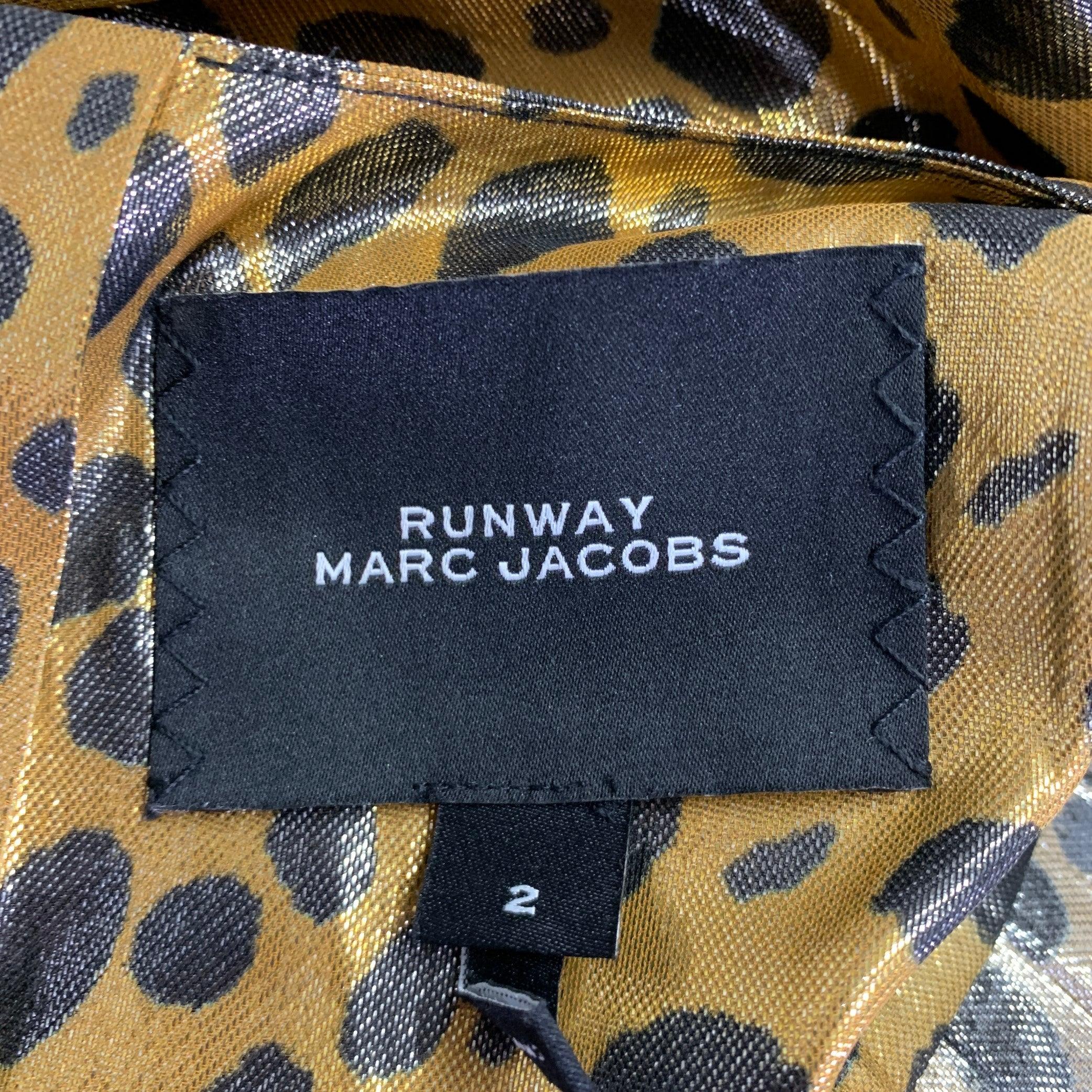 MARC JACOBS Talla 2 Oro Negro Seda Metalizada Estampado Animal Vestido Plisado en venta 1