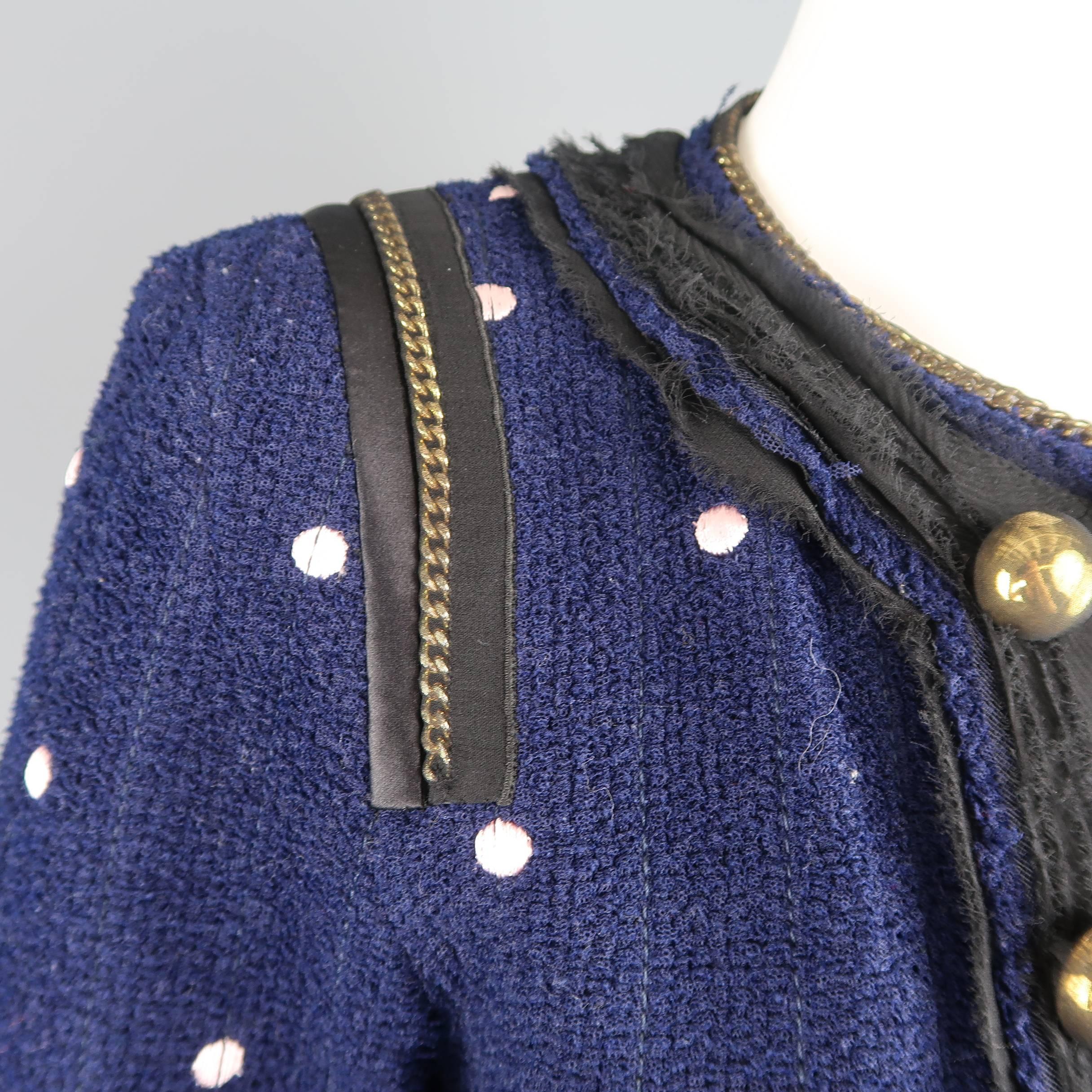 MARC JACOBS Size 2 Navy & Pink Polka Dot Gold Silk Covered Chain Cropped Jacket In Excellent Condition In San Francisco, CA