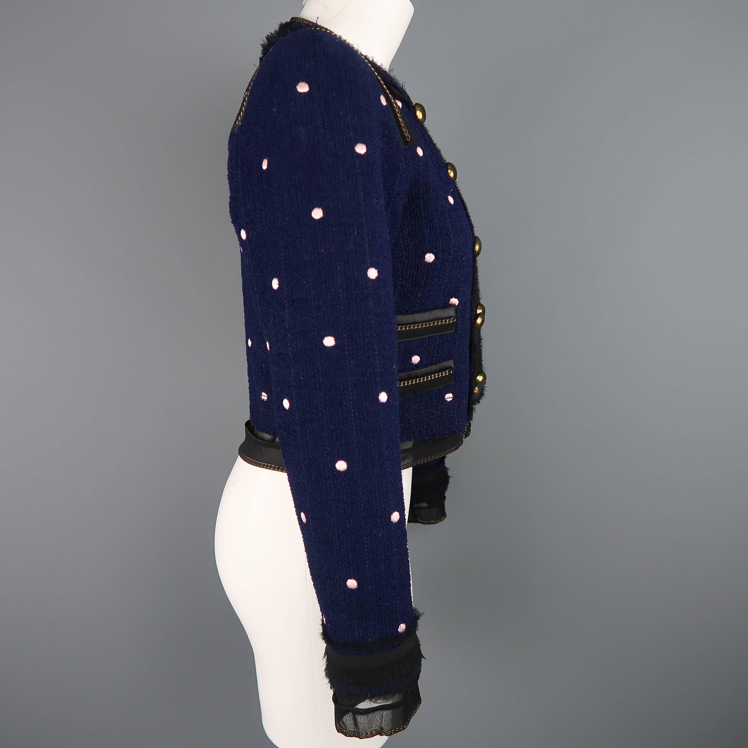 MARC JACOBS Size 2 Navy & Pink Polka Dot Gold Silk Covered Chain Cropped Jacket 2