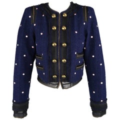 MARC JACOBS Größe 2 Navy & Pink Polka Dot Gold Silk Covered Chain Cropped Jacket