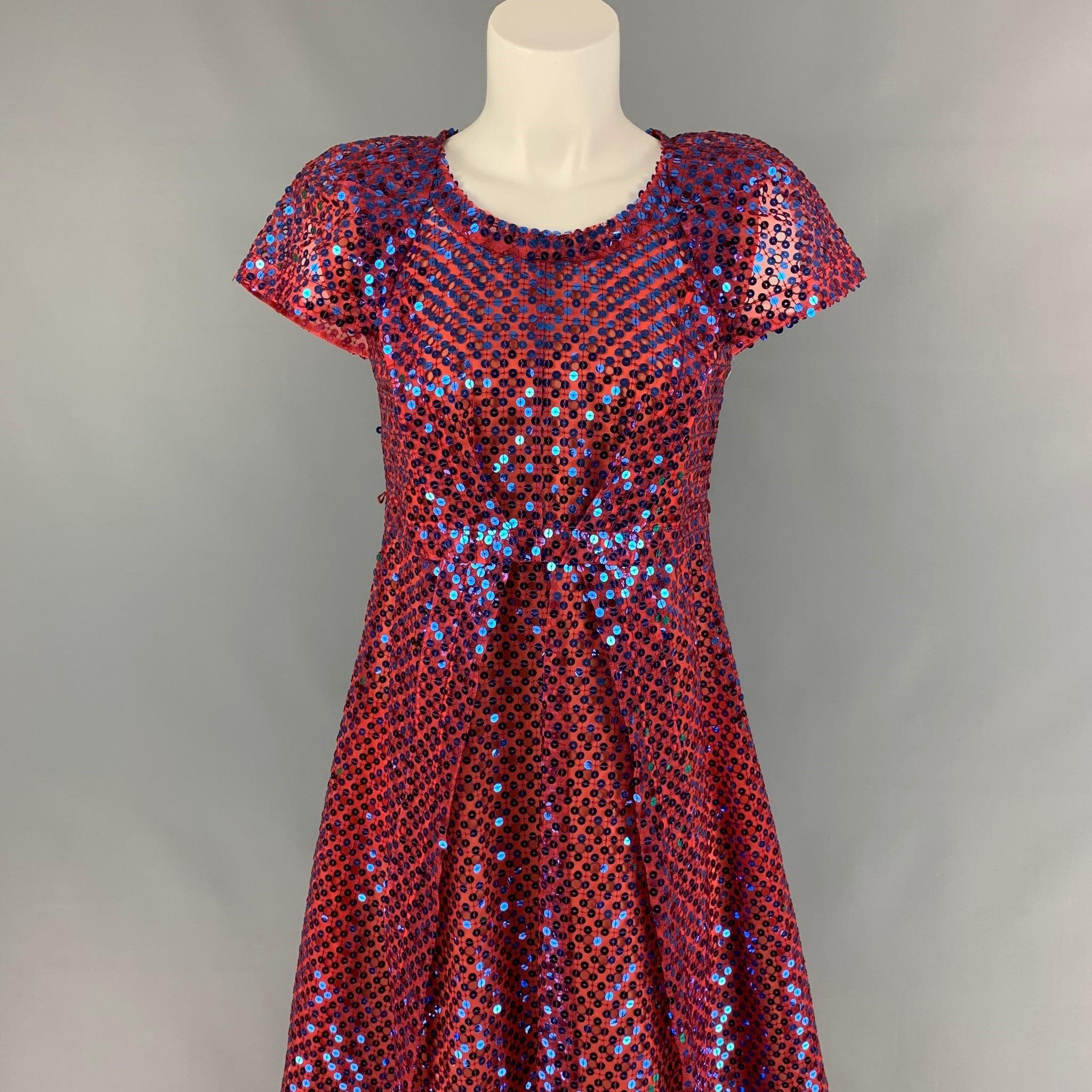 MARC JACOBS dress comes in a orange & blue sequined polyester blend with a slip liner featuring a shift style, pleated, cap sleeves, and a back zip up closure. Made in USA.
New With Tags. 

Marked:   2 

Measurements: 
 
Shoulder: 14.5 inches  Bust: