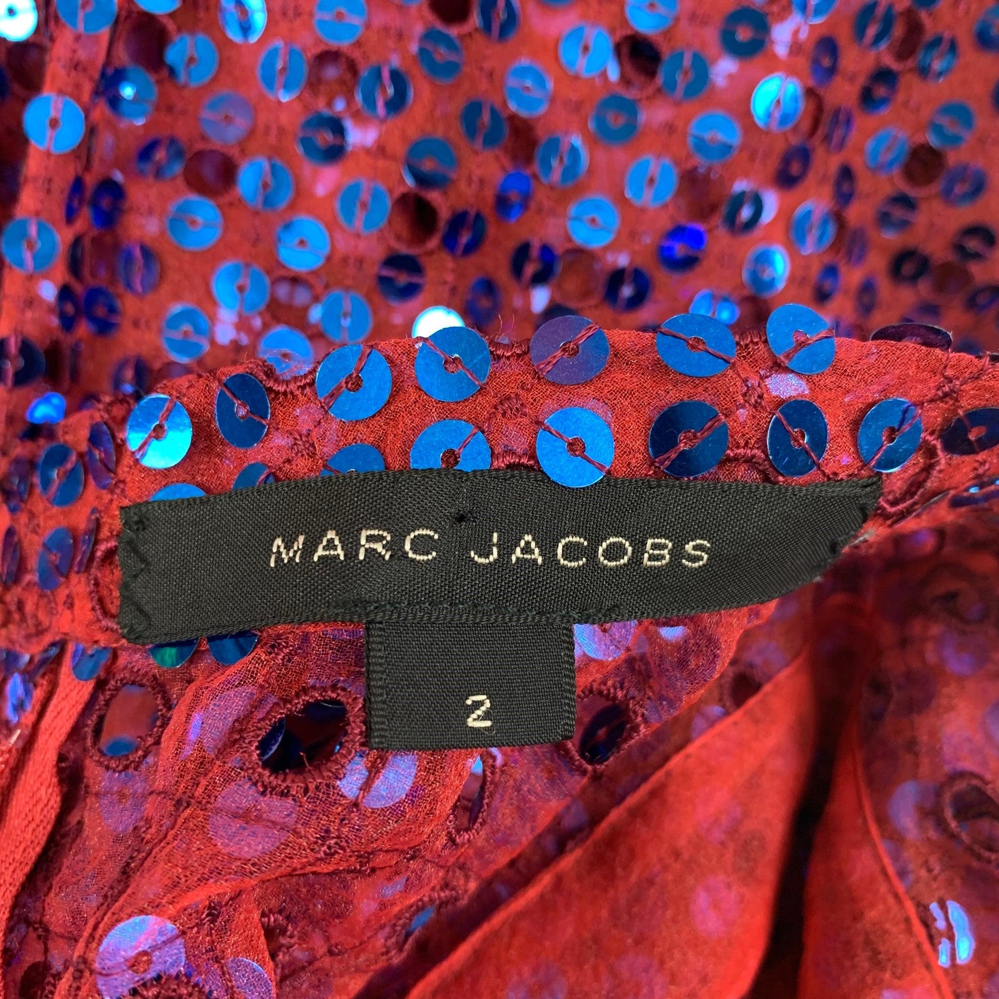 MARC JACOBS Size 2 Orange & Blue Polyester Blend Sequined Shift Dress For Sale 1