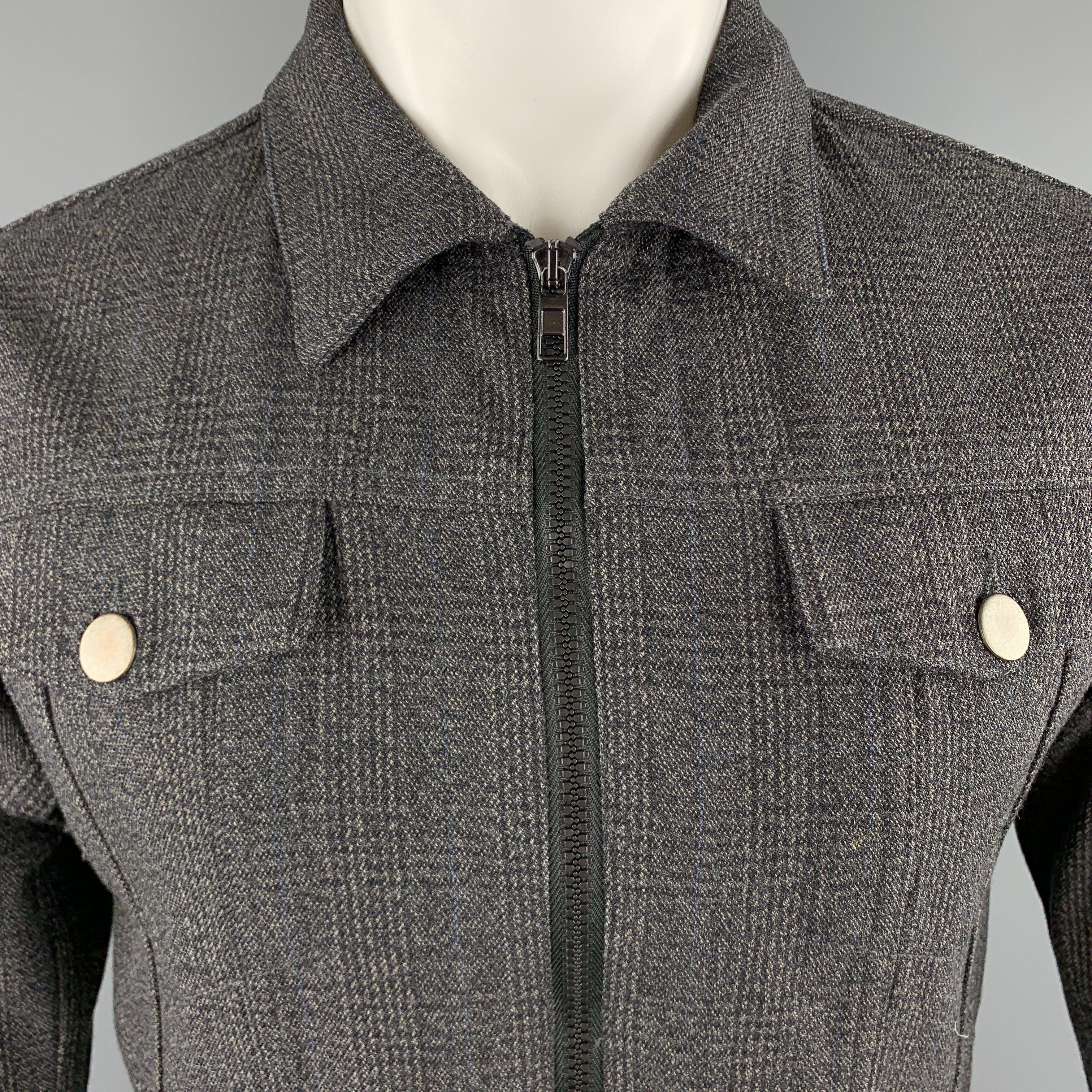 MARC JACOBS trucker jacket comes in gray glenplaid woven yack material with a pointed collar, flap pockets, and zip front. Made in Italy.Excellent
Pre-Owned Condition. 

Marked:   IT 46 

Measurements: 
 
Shoulder:
15 inches Chest:
40 inches
