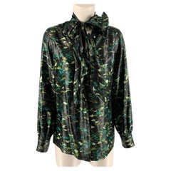 MARC JACOBS Size 4 Black & Green Silk & Nylon Camouflage Bow Shirt