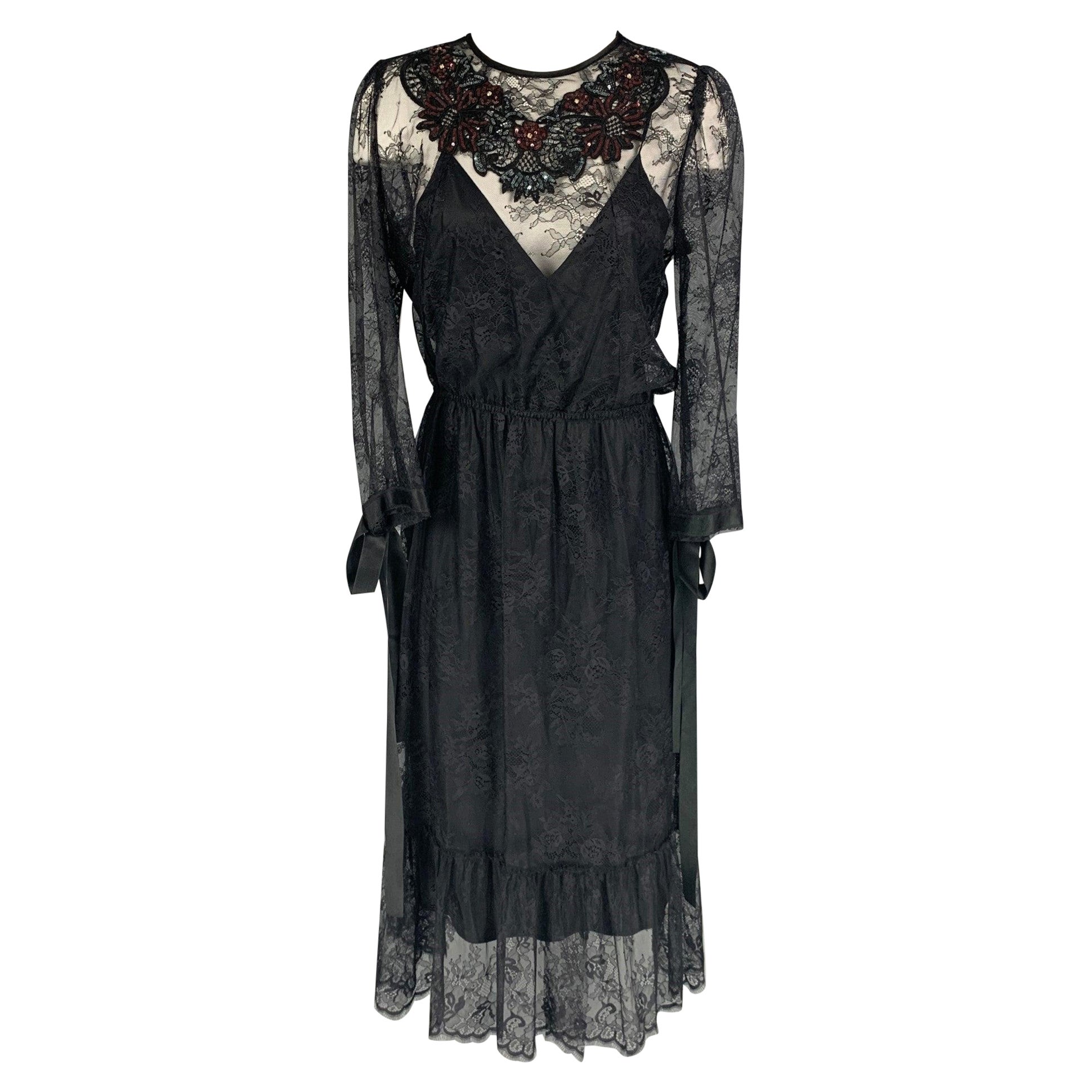 MARC JACOBS Taille 4 Robe trapèze noire en nylon, dentelle et paillettes