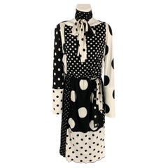 MARC JACOBS - Robe à manches longues en rayonne et soie noire et blanche à pois, taille 4