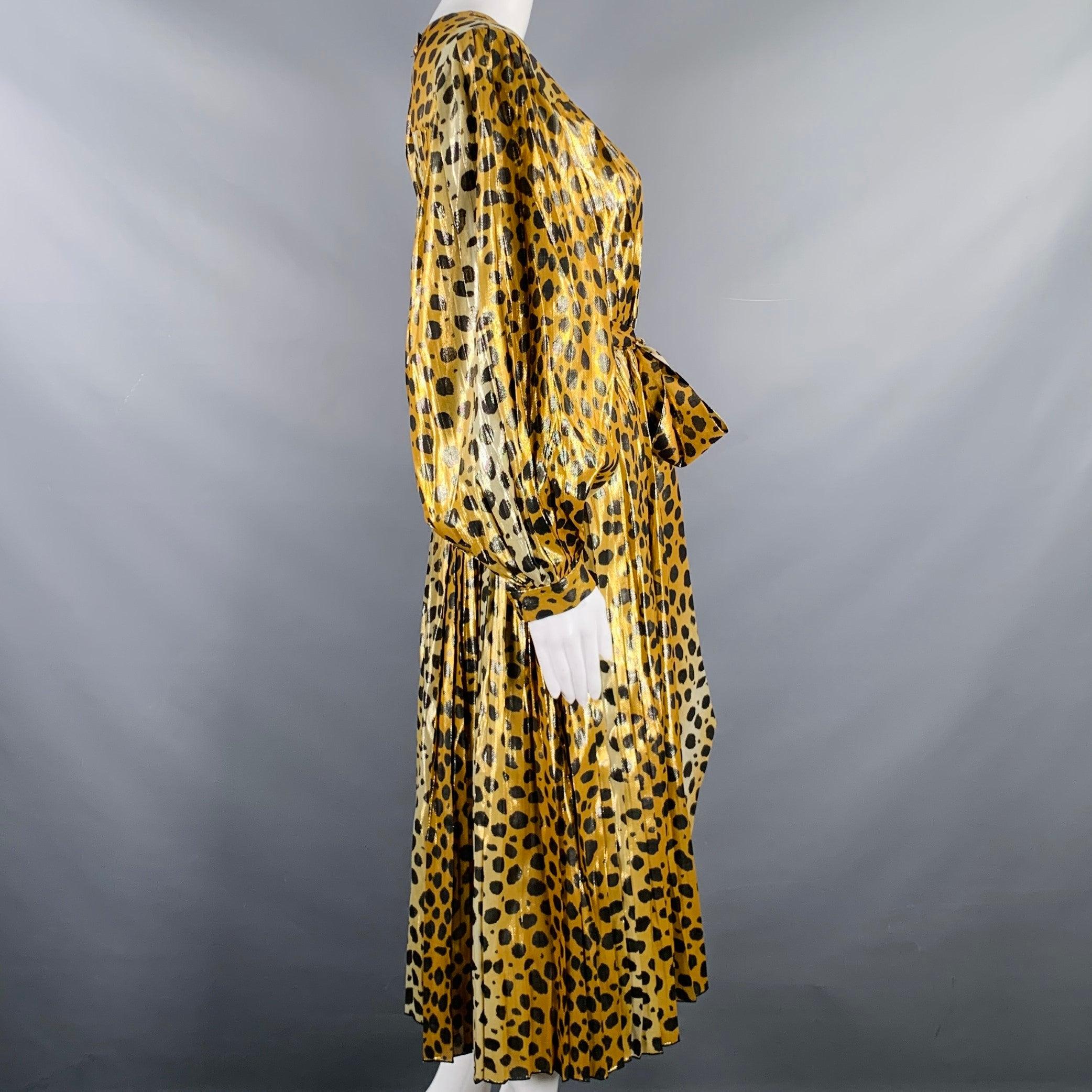 MARC JACOBS Talla 4 Oro Negro Seda Metalizada Estampado Animal Vestido Plisado Marrón en venta