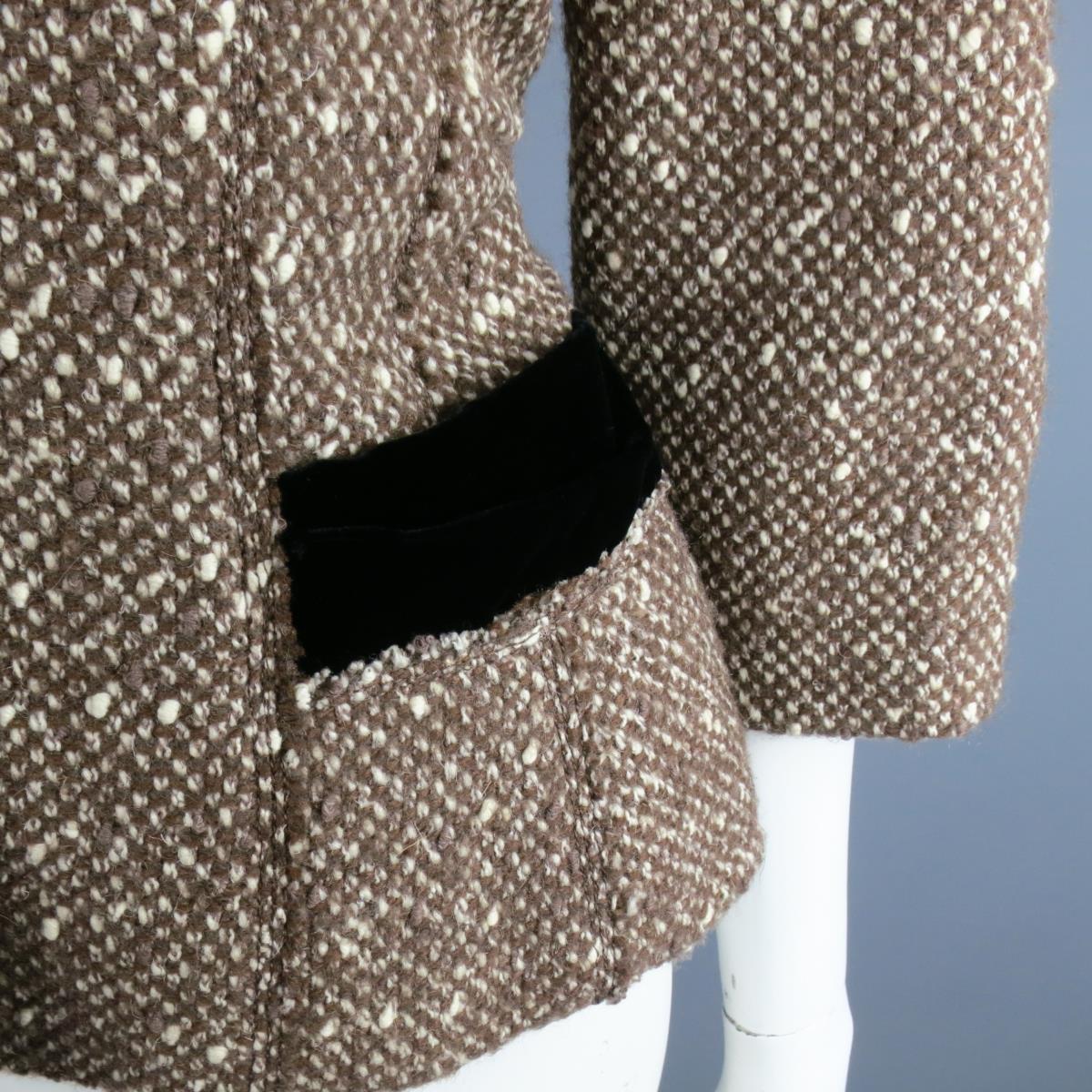 MARC JACOBS Size 4 Light Brown & Cream Wool Tweed & Black Velvet Jacket For Sale 1