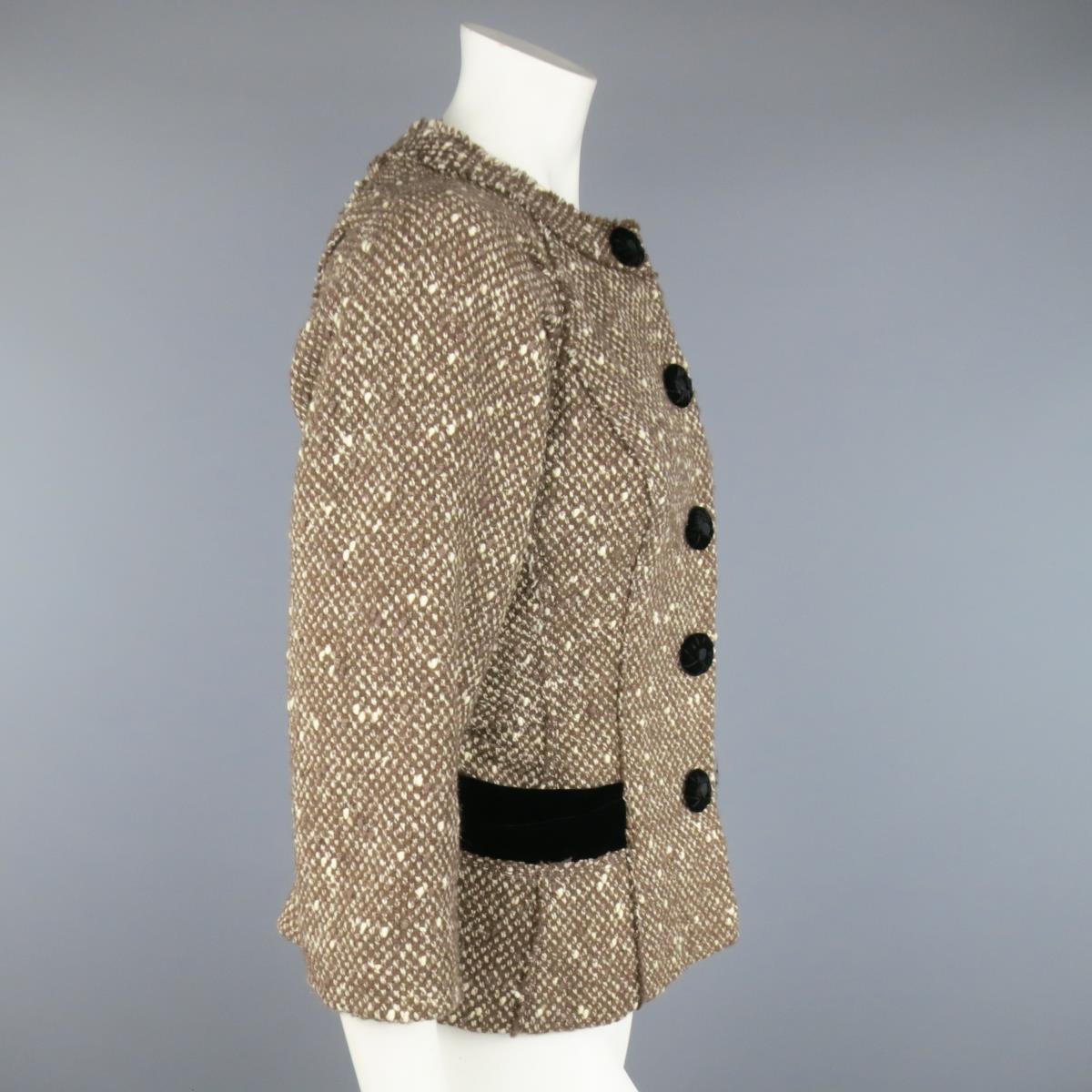 MARC JACOBS Size 4 Light Brown & Cream Wool Tweed & Black Velvet Jacket For Sale 2