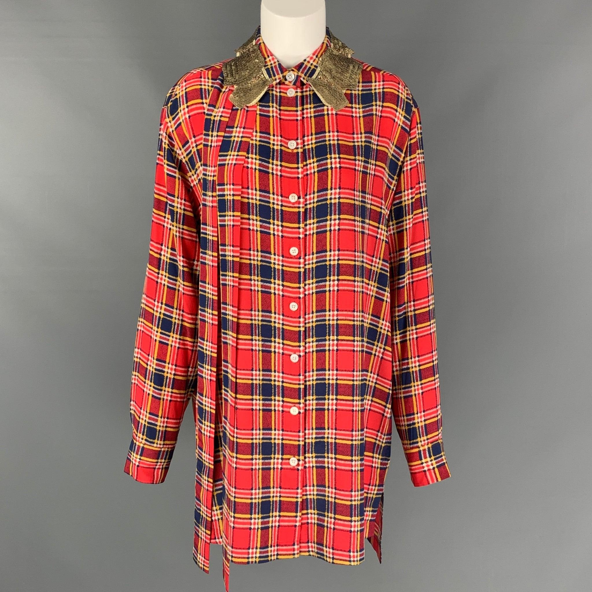 MARC JACOBS Size 4 Red & Blue Silk Plaid Sequin Collar Long Shirt In Good Condition For Sale In San Francisco, CA