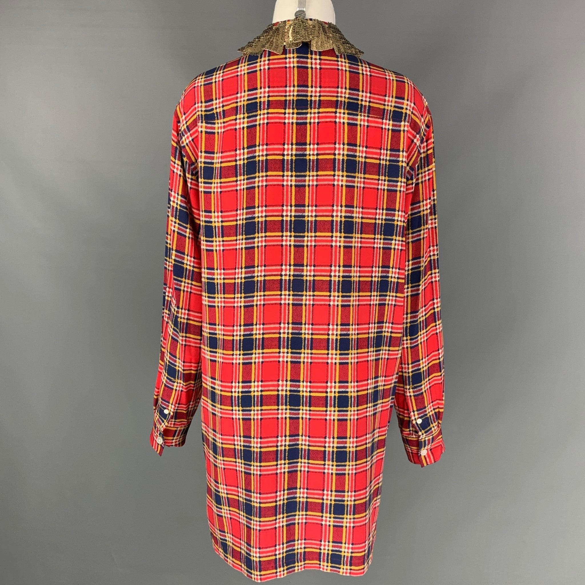 MARC JACOBS Size 4 Red & Blue Silk Plaid Sequin Collar Long Shirt For Sale 1