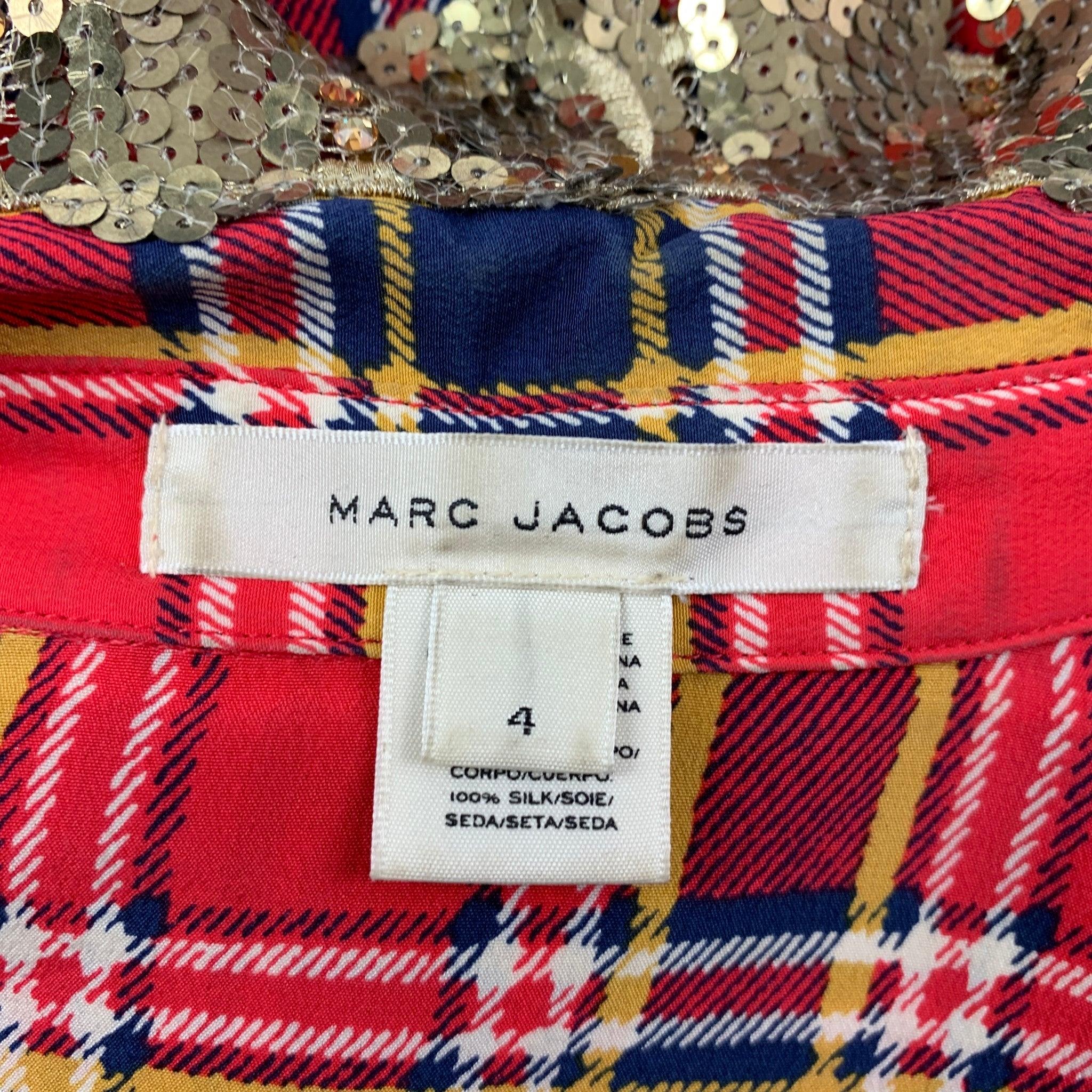 MARC JACOBS Size 4 Red & Blue Silk Plaid Sequin Collar Long Shirt For Sale 2