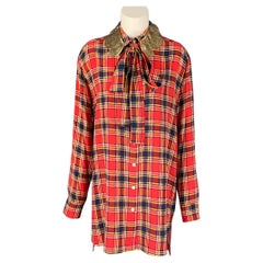 MARC JACOBS Size 4 Red & Blue Silk Plaid Sequin Collar Long Shirt