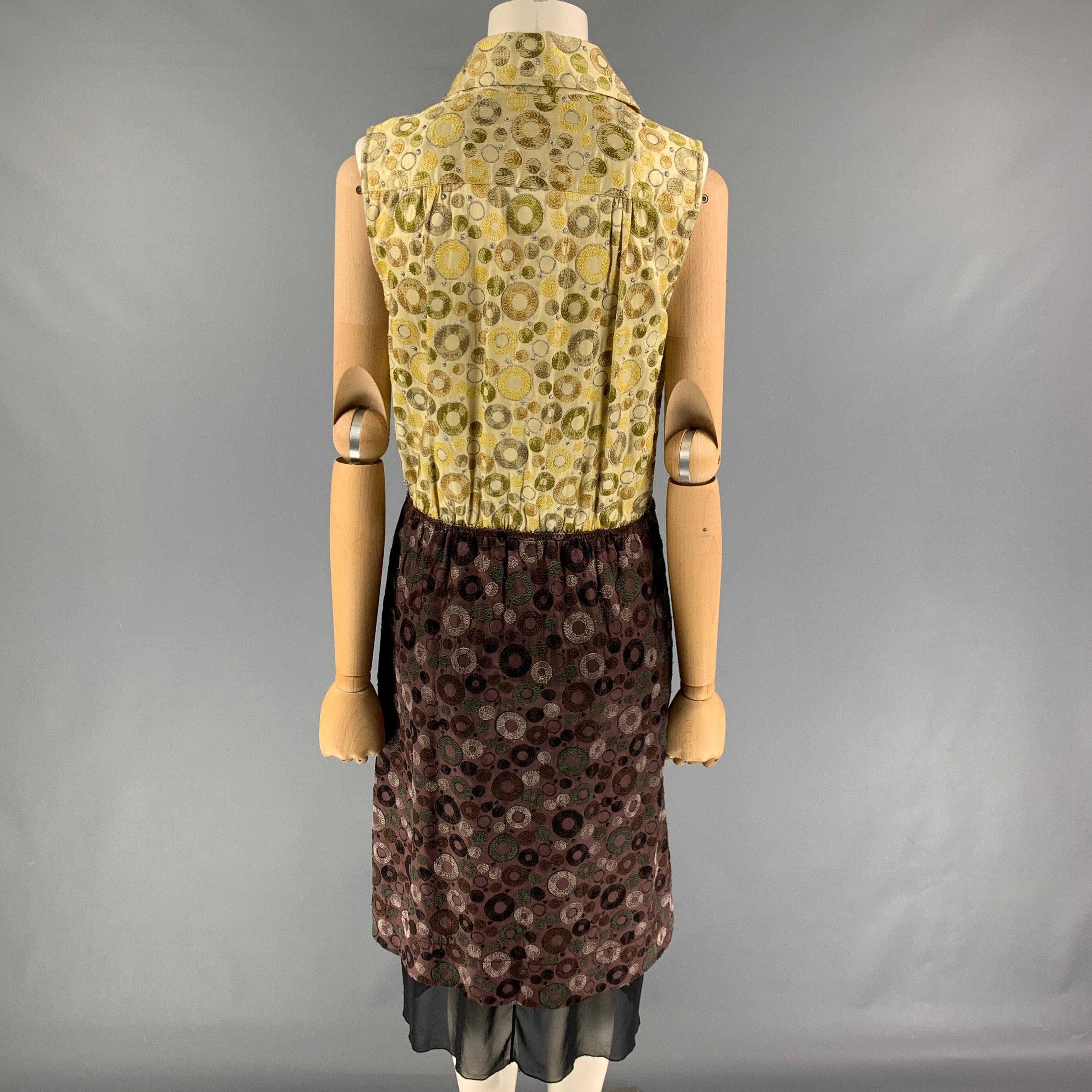 MARC JACOBS Size 4 Yellow Brown Rayon Silk Embroidered Sleeveless Dress In Good Condition For Sale In San Francisco, CA