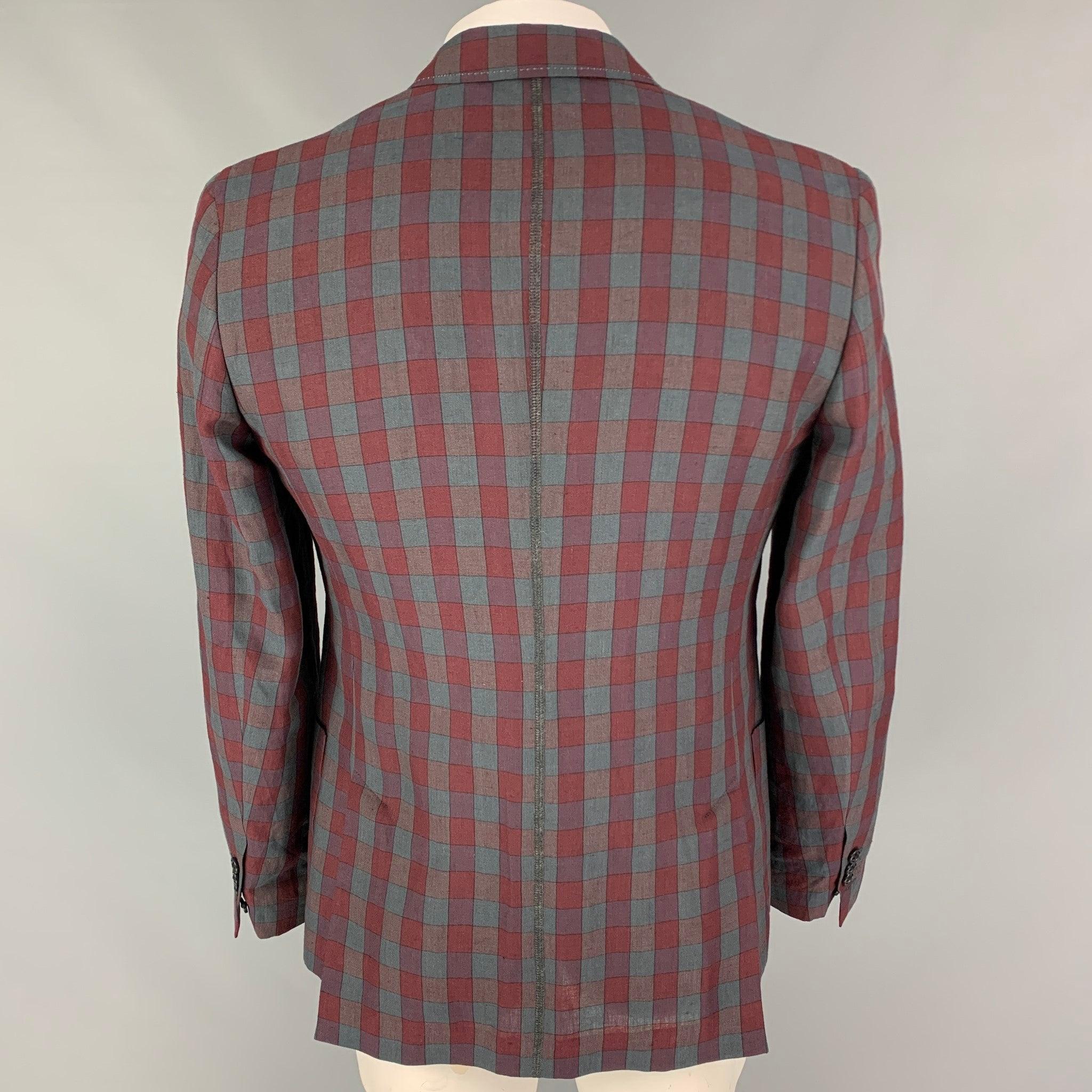 MARC JACOBS Size 42 Burgundy Grey Plaid Linen Notch Lapel Sport Coat In Good Condition For Sale In San Francisco, CA