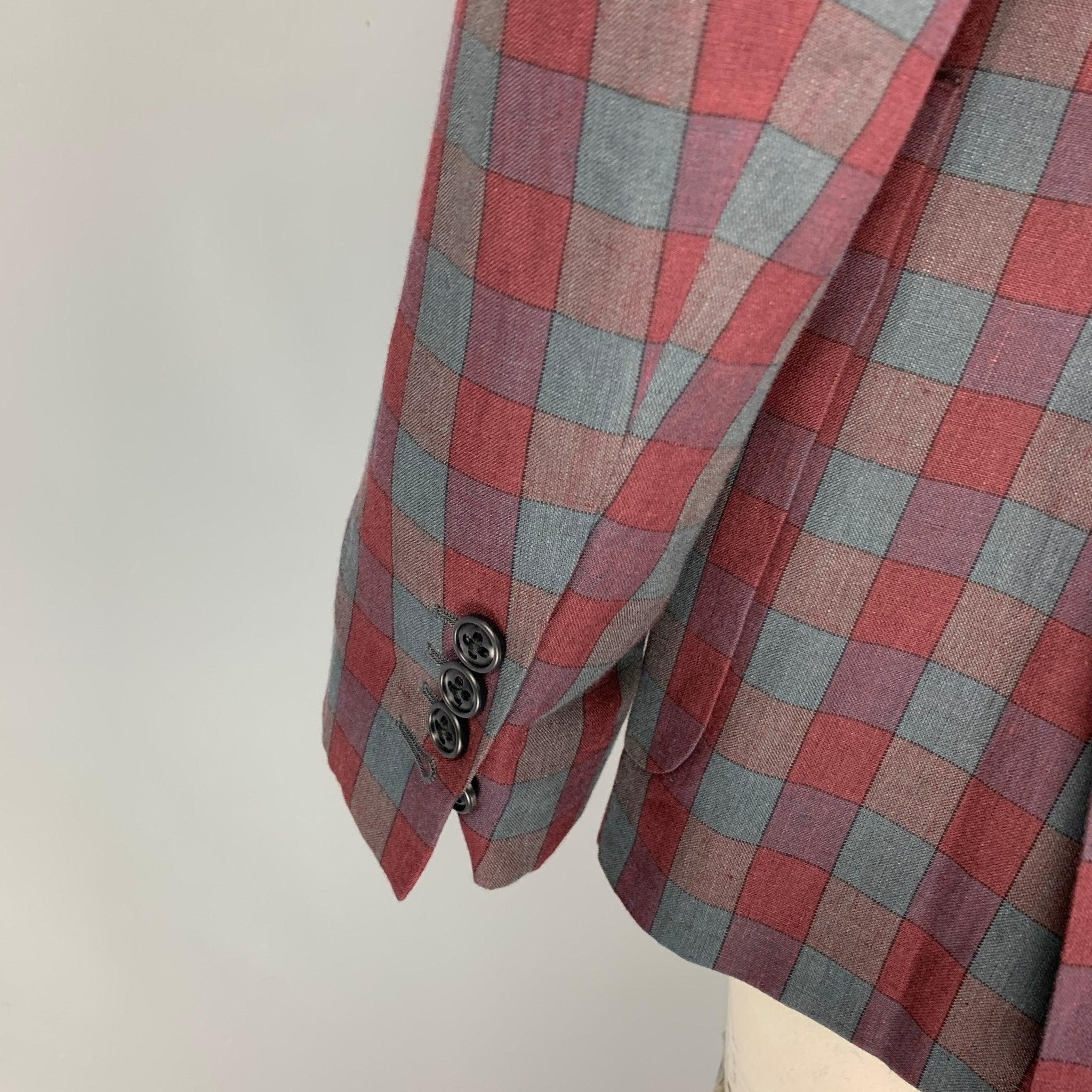 Men's MARC JACOBS Size 42 Burgundy Grey Plaid Linen Notch Lapel Sport Coat For Sale