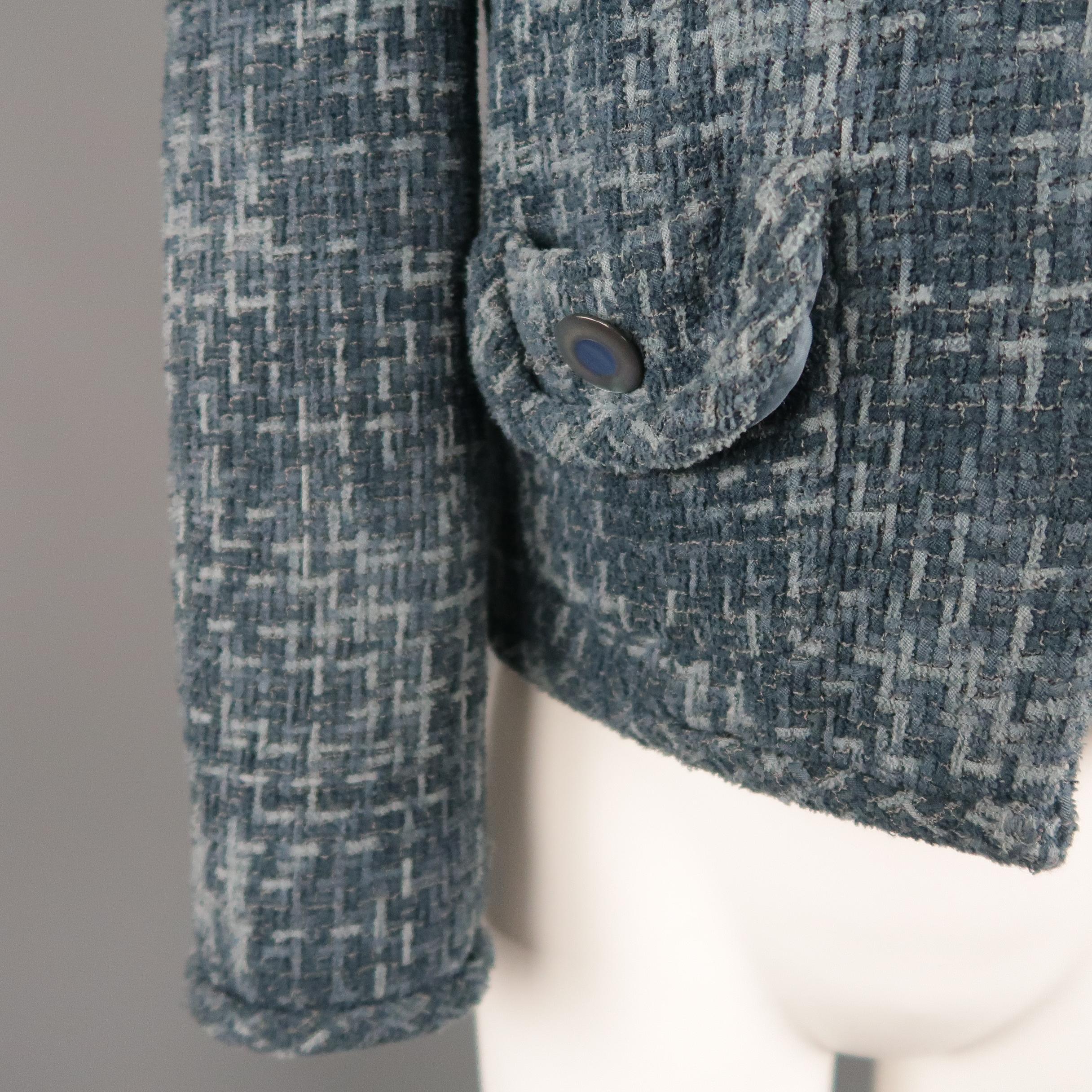 MARC JACOBS Size 6 Blue Tweed Collarless Flap Pocket Jacket In Excellent Condition In San Francisco, CA