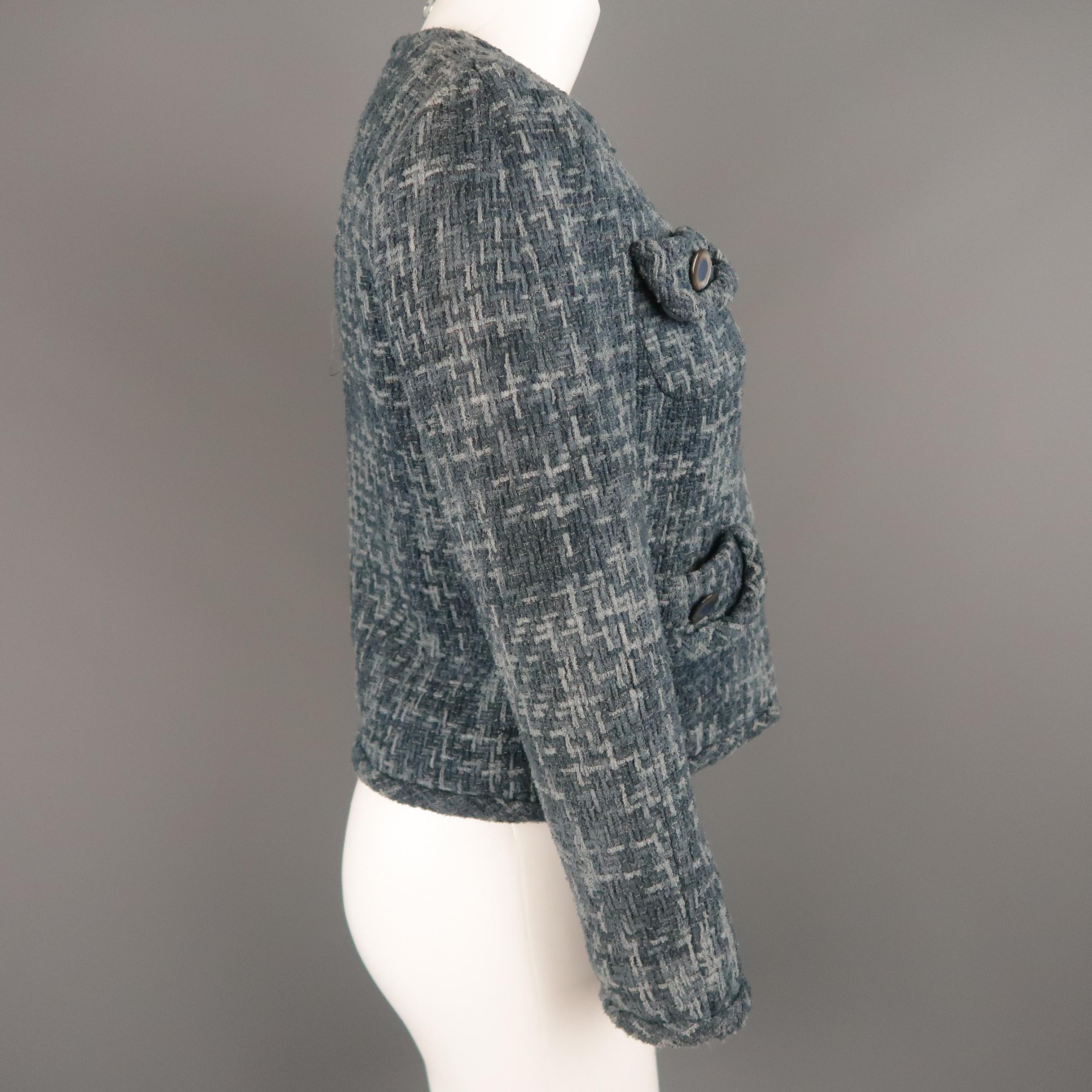 Women's MARC JACOBS Size 6 Blue Tweed Collarless Flap Pocket Jacket