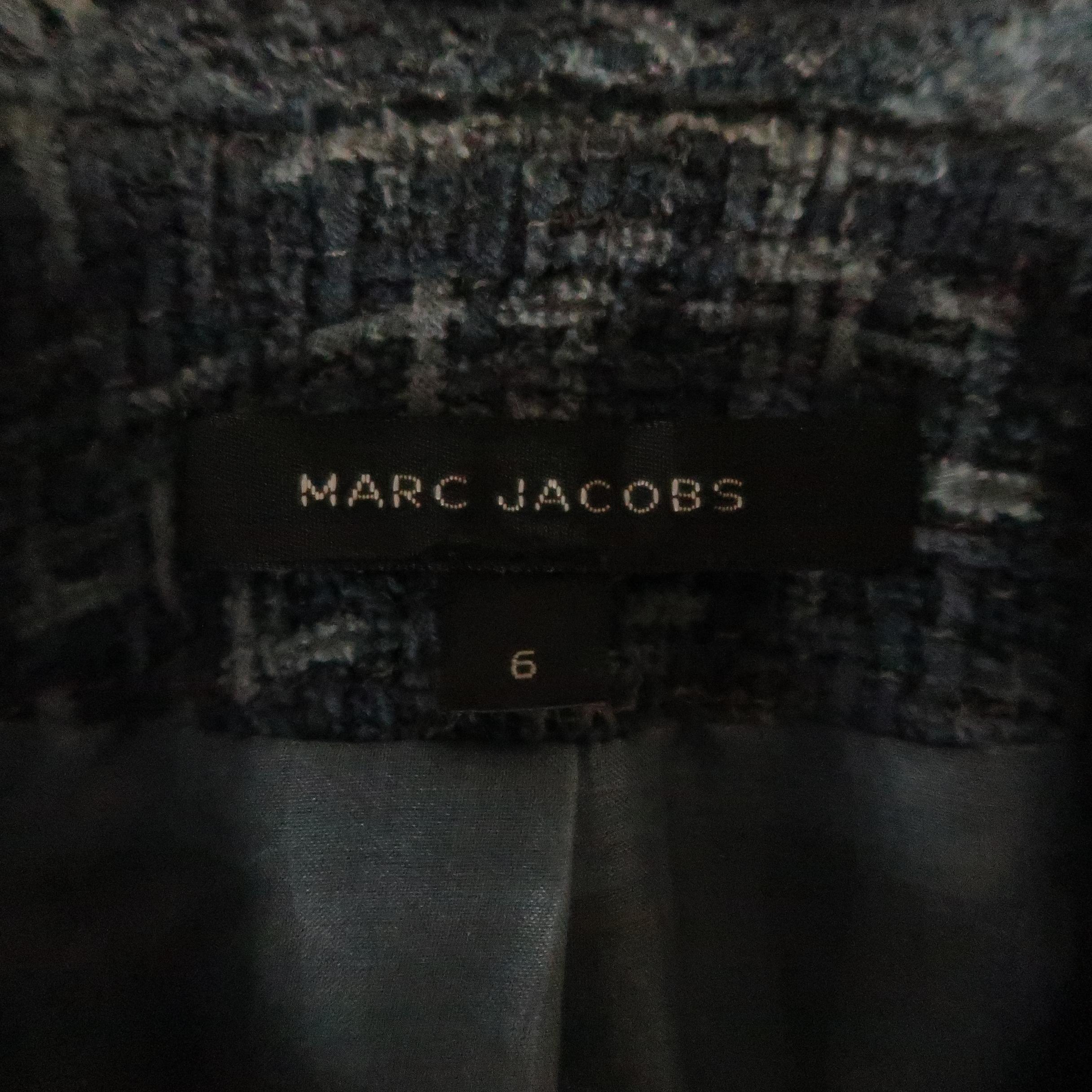 MARC JACOBS Size 6 Blue Tweed Collarless Flap Pocket Jacket 3