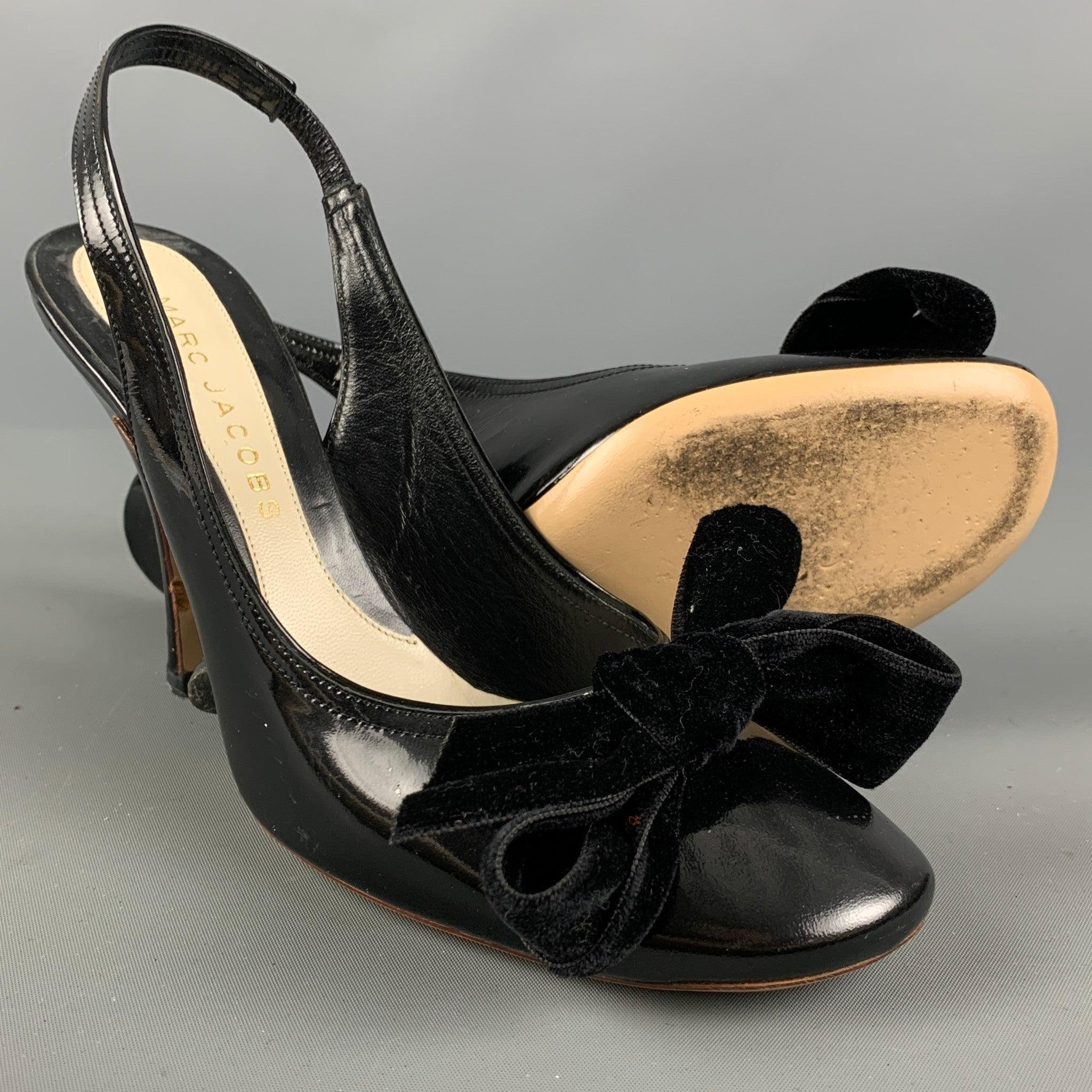 MARC JACOBS Size 6.5 Black Velvet Patent Leather Slingback Pumps For Sale 1