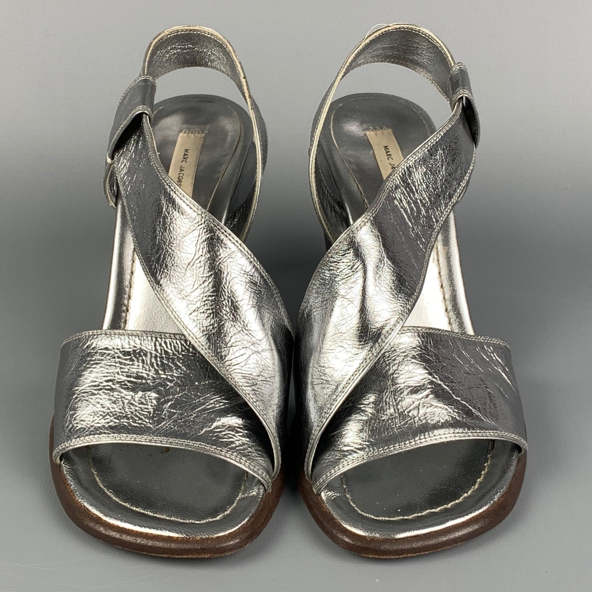 Women's MARC JACOBS Size 7 Silver Leather Wedge Nickel Sandals For Sale